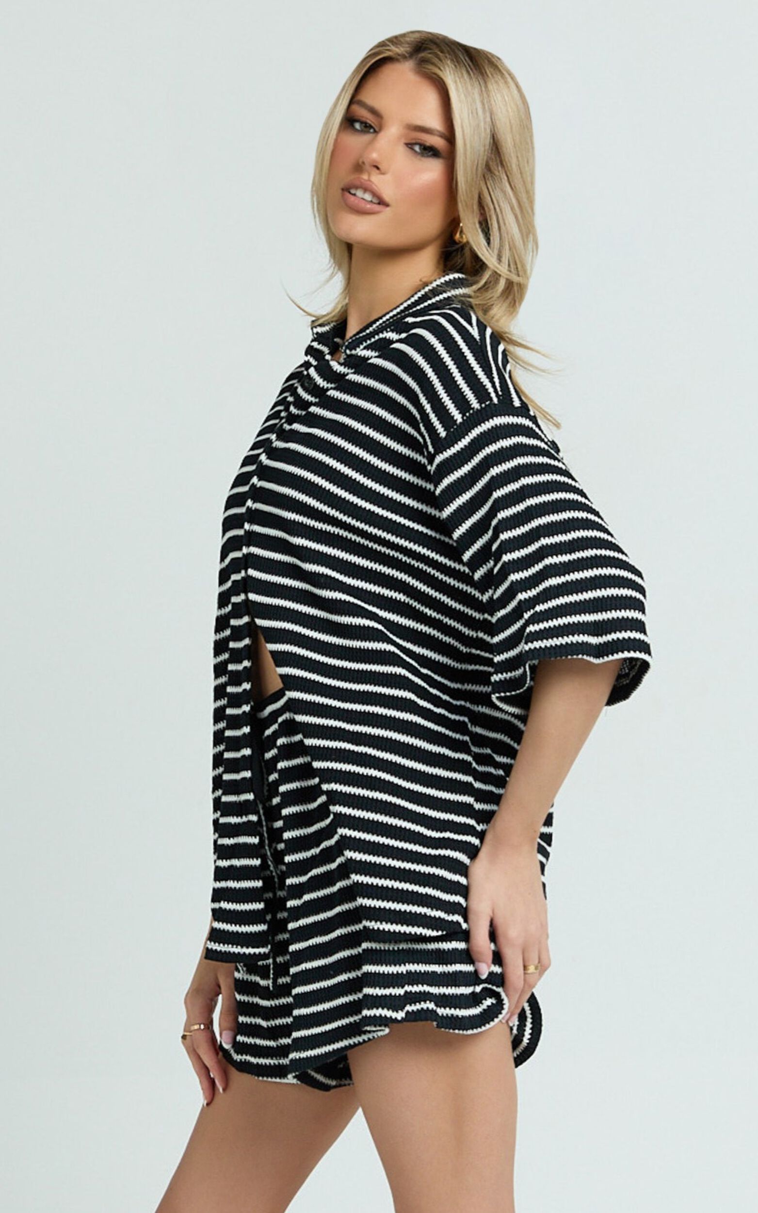 Dylan Two Piece Set - Striped Waffle Shirt and Short Set in Black & White Stripe