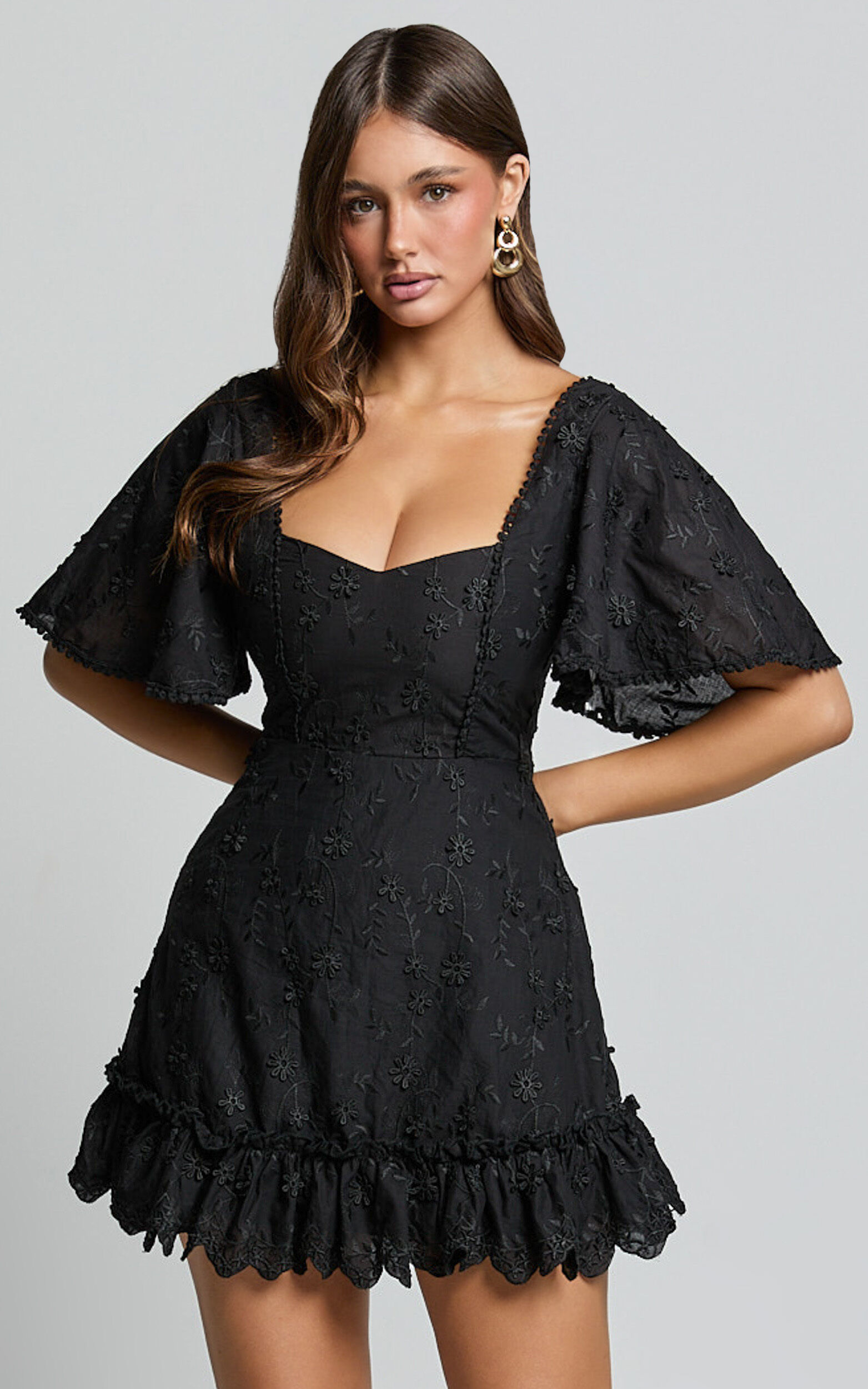 Fancy A Spritz Mini Dress - Square Neck Dress in Black Embroidery