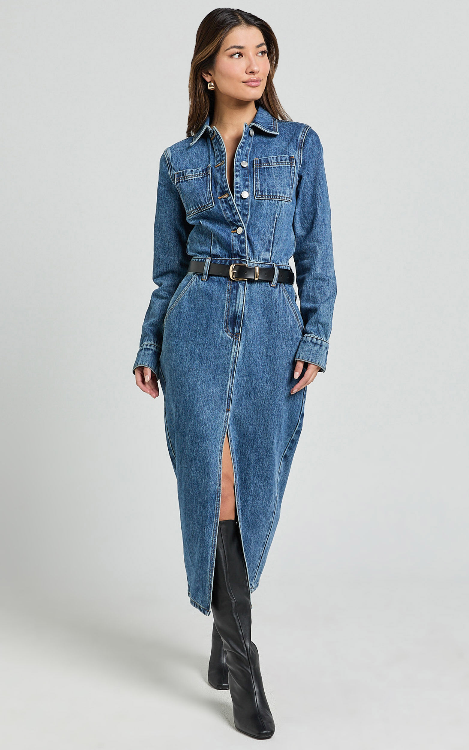 Alison Midi Dress - Long Sleeve Front Split Denim Dress in Mid Blue Wash