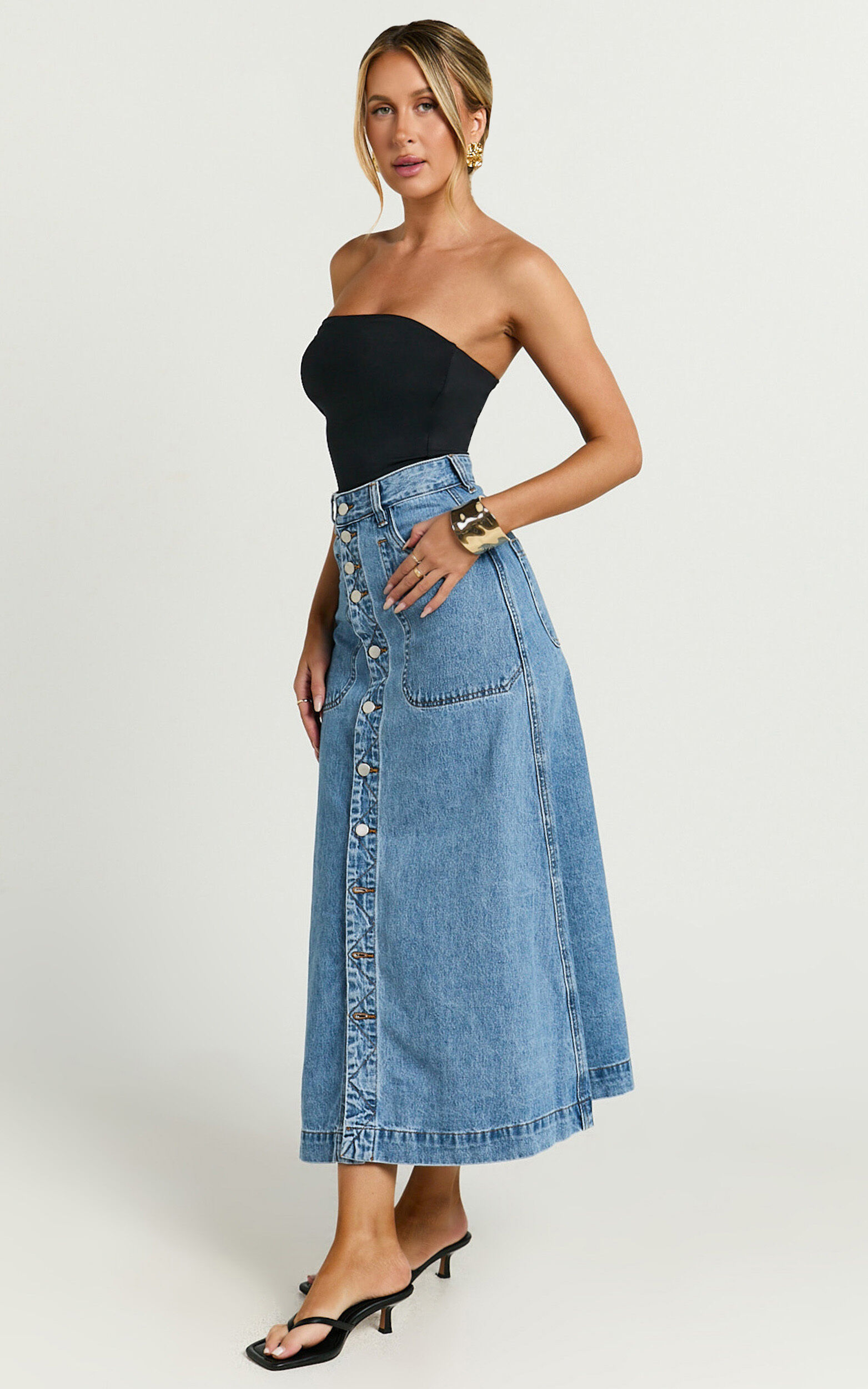 Alisa Midi Skirt - Button Through A Line Denim in Mid Blue Wash