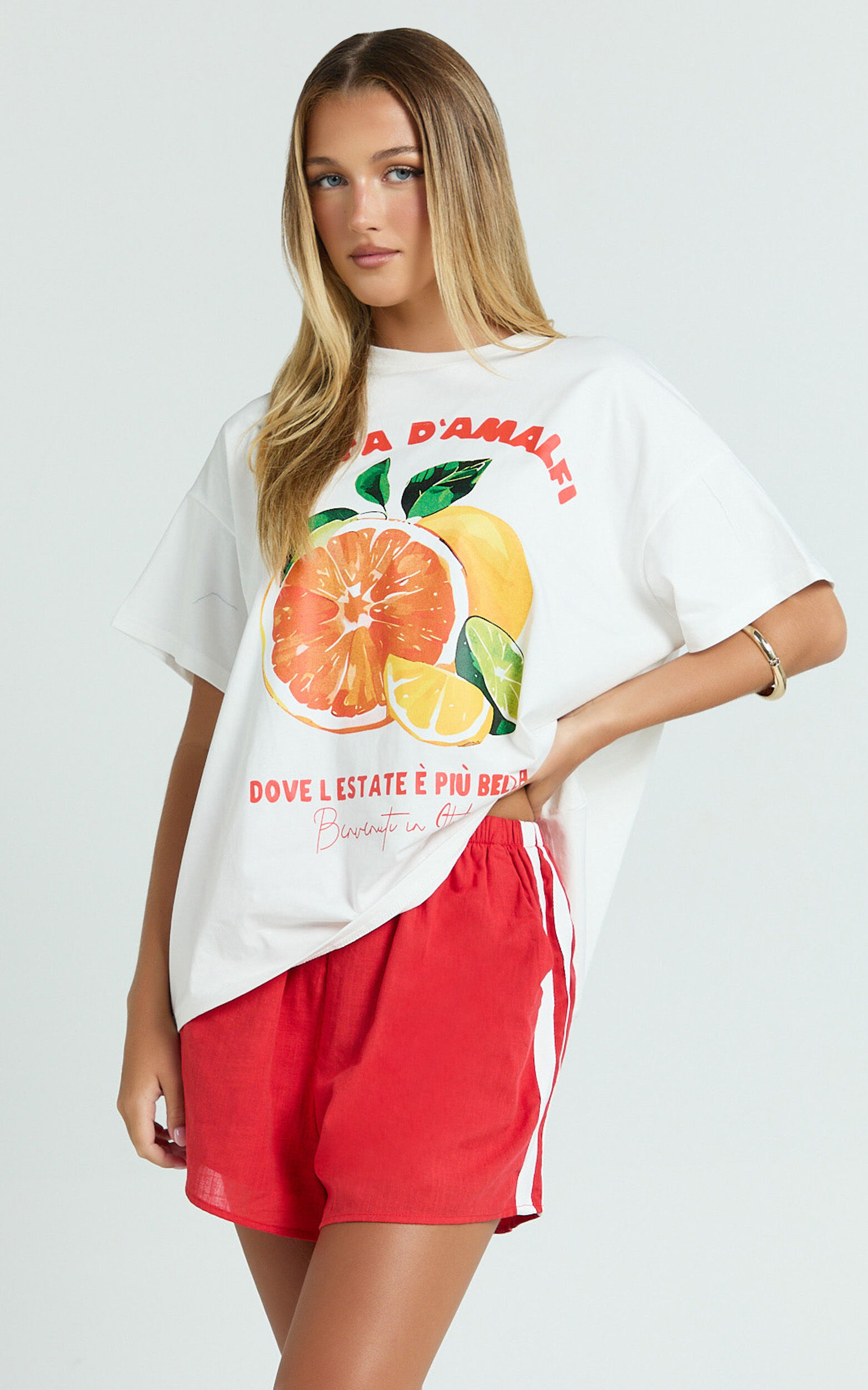 Jodie Top - Oversized Oranges Print T-Shirt in White