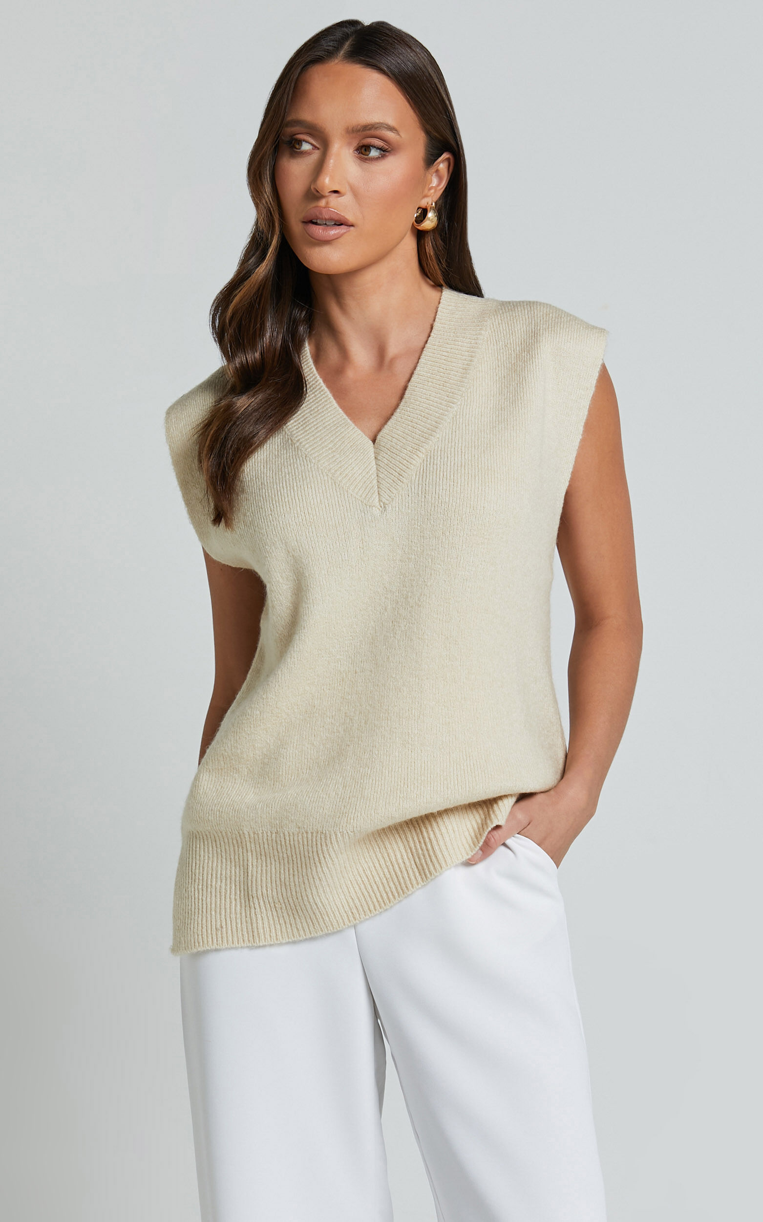 Chenelle Top - Sleeveless Knit Sweater Vest in Stone