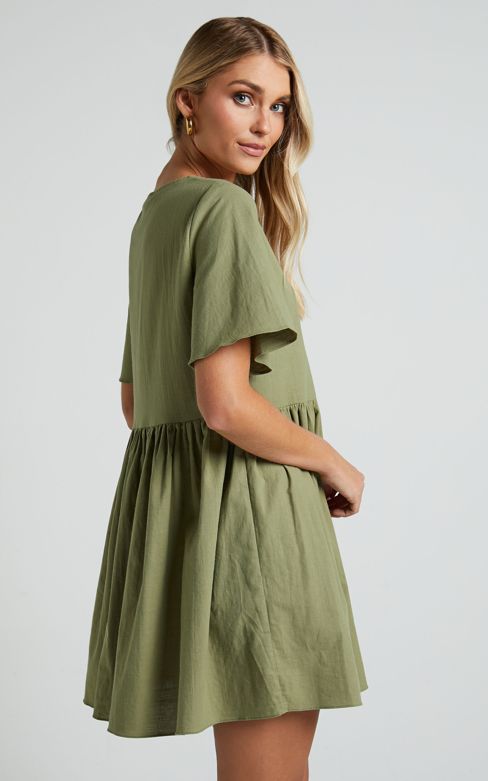 Staycation Mini Dress - Smock Button Up Dress in Khaki