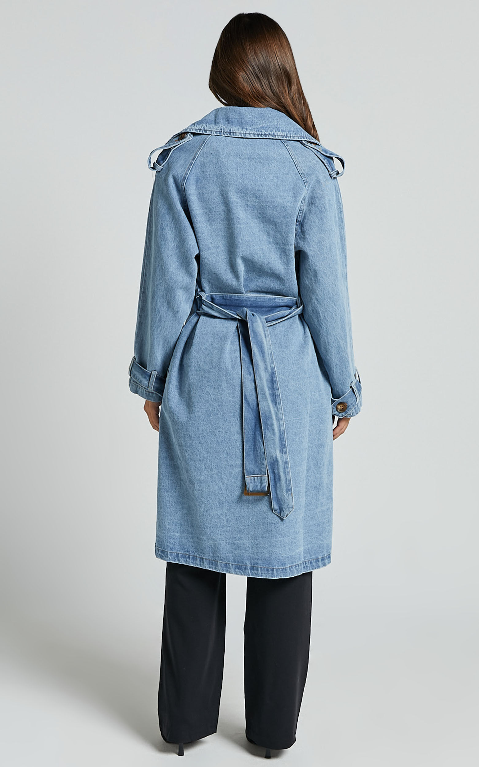Vinnie Trench Coat - Denim Washed Trench Coat in Mid Blue