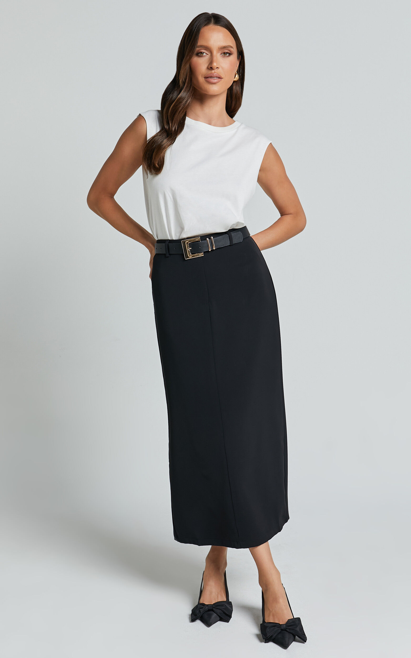 Alanna Midi Skirt - High Waisted Back Split Pencil Skirt in Black