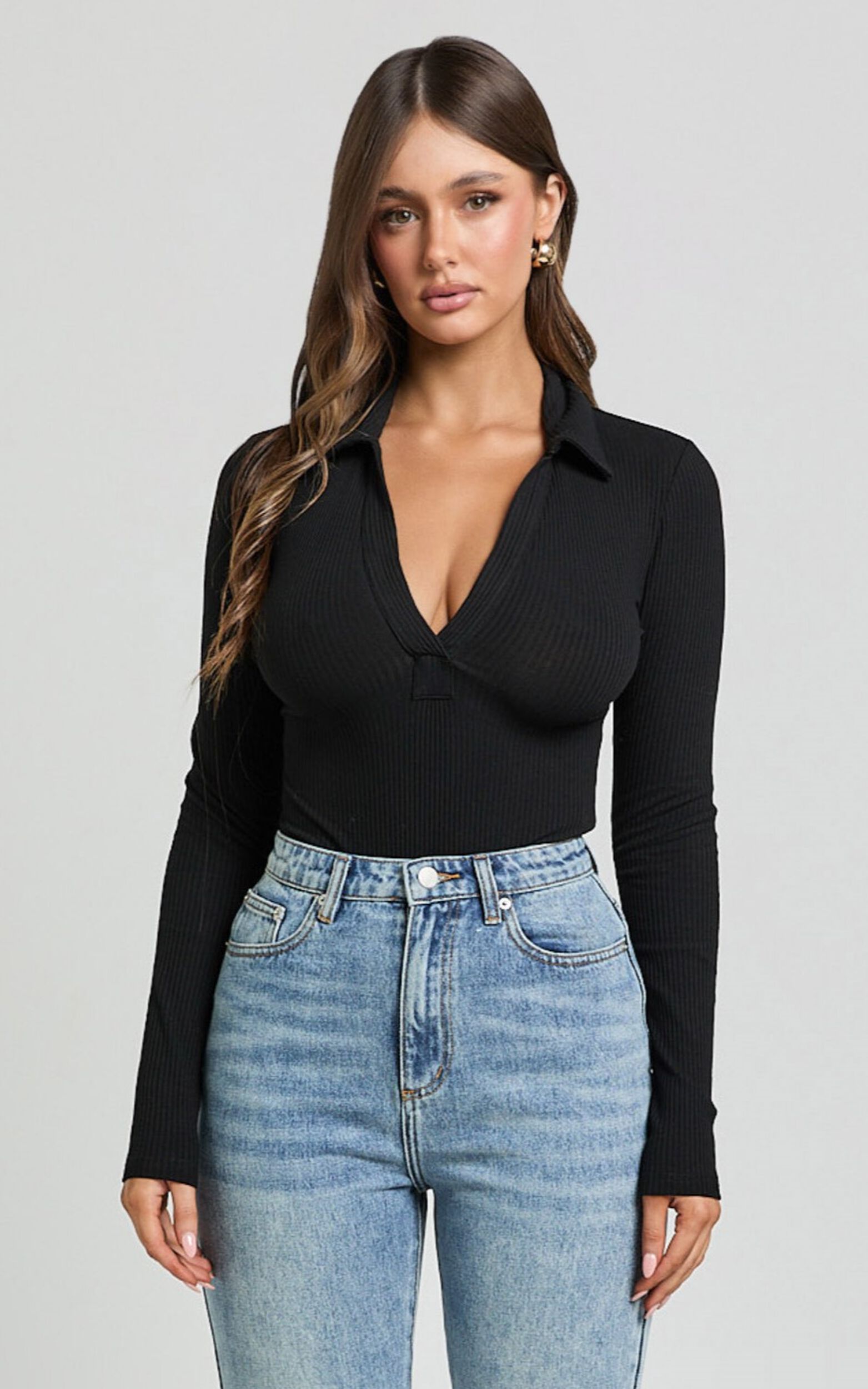 Amira Top - V Neck Long Sleeve Collared Bodysuit in Black