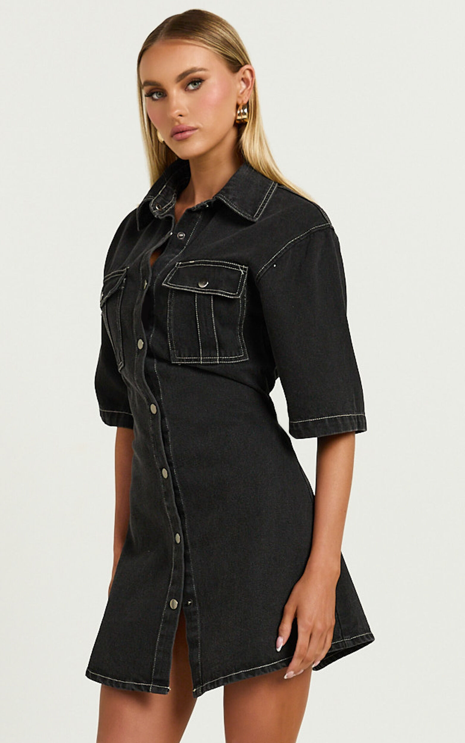 Leilani Mini Dress - Denim Short Sleeve Button Up Dress in Washed Black