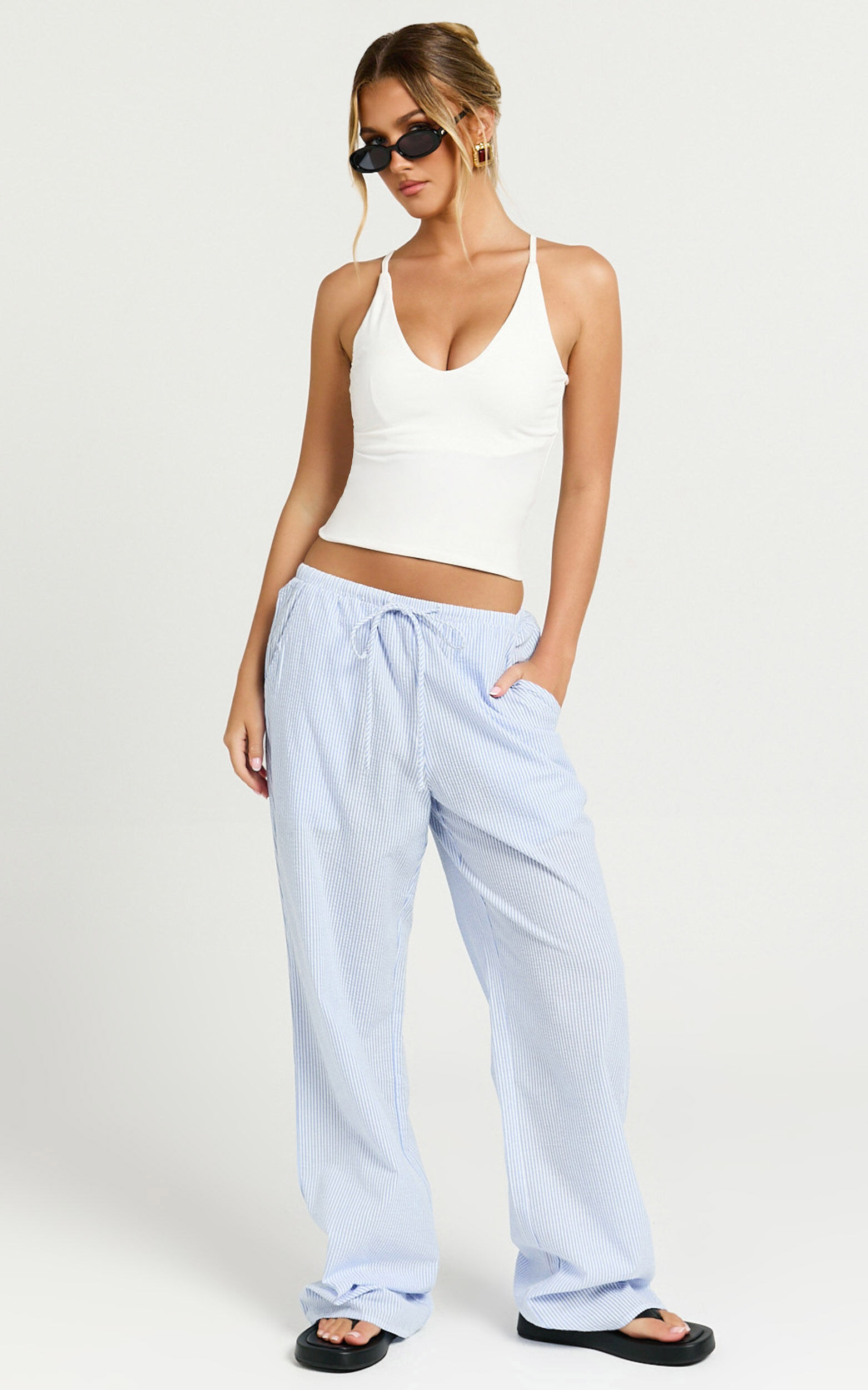 Harlo Pants - Mid Waisted Relaxed Leg Stripe Pants in Blue/ White