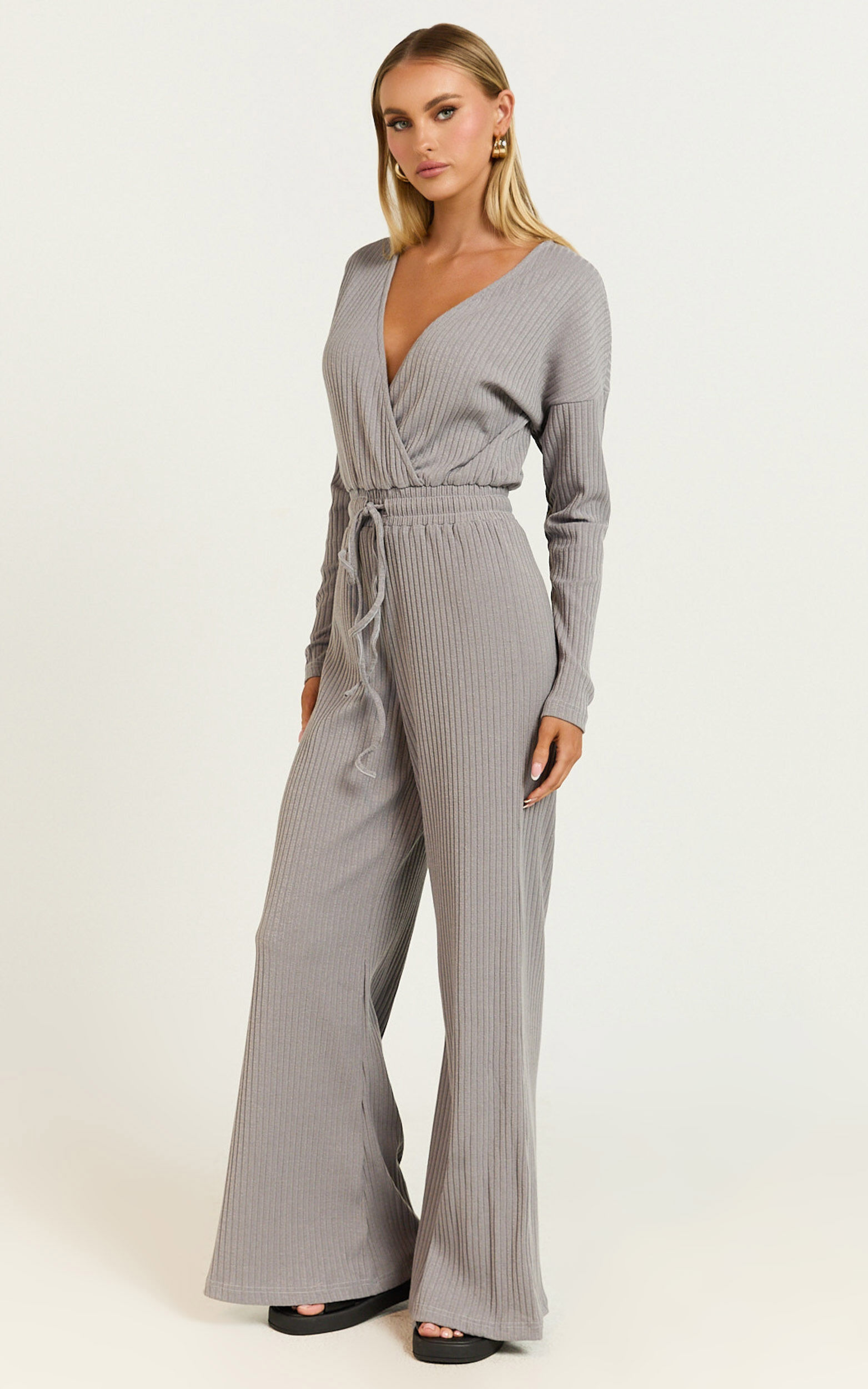 Camille Jumpsuit - Ribbed Jersey Long Sleeve Wide Leg Jumpsuit in Slate Grey