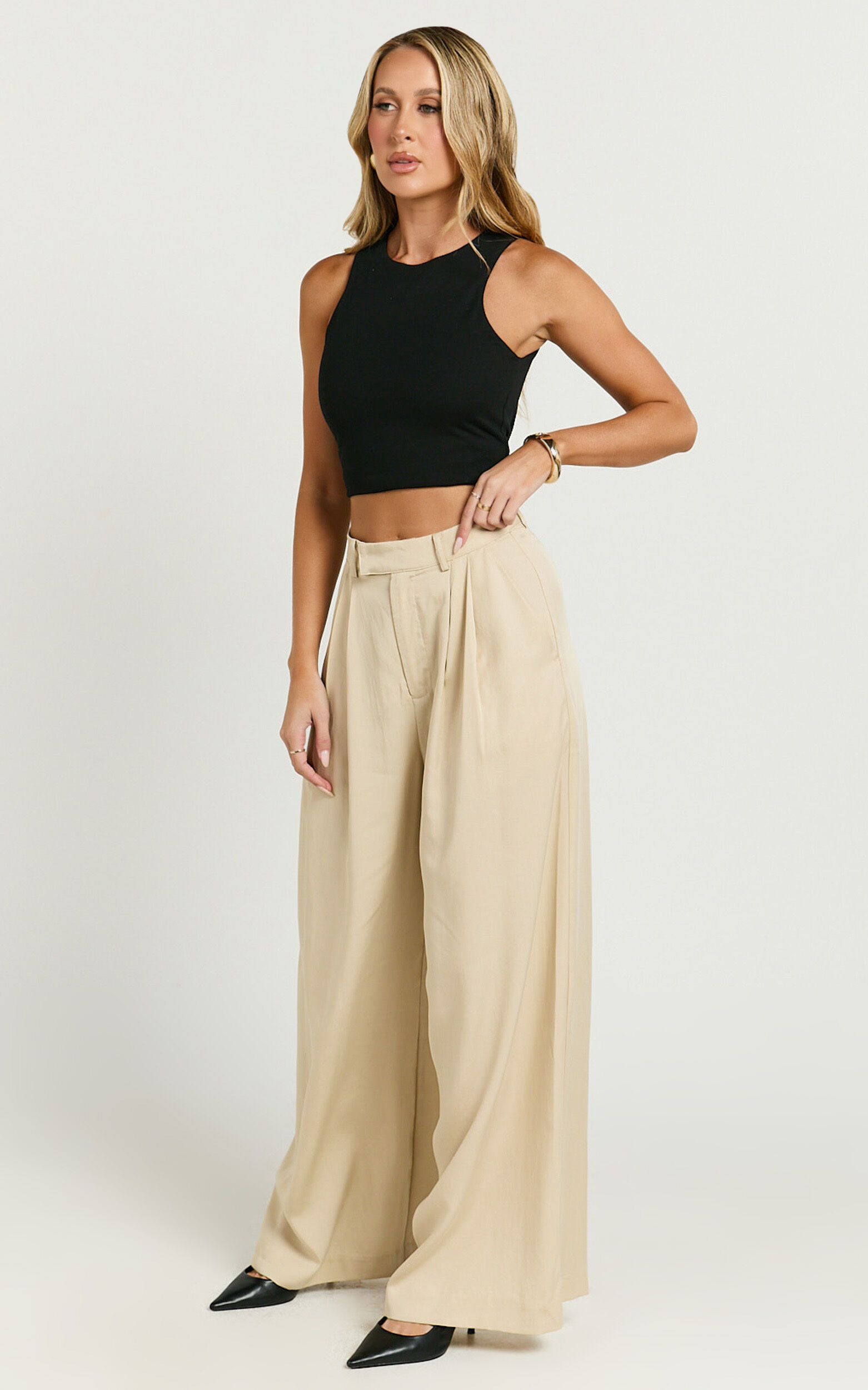 Clarke Pants - High Waist Wide Leg Pants in Stone