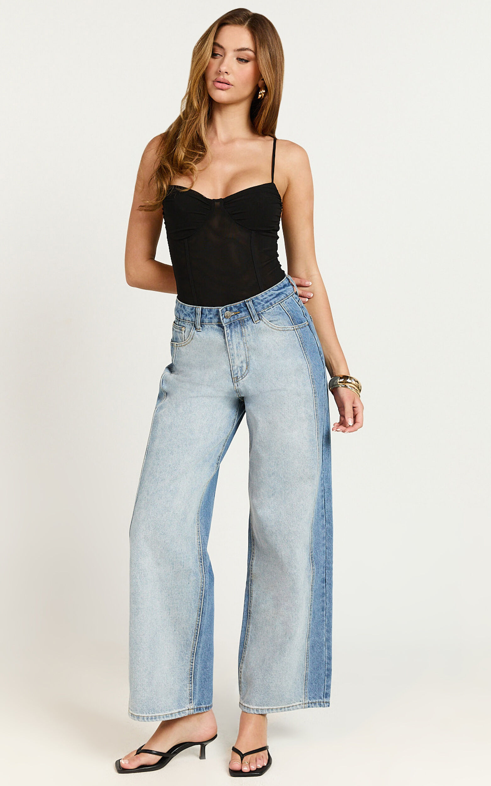 Becca Jeans - Two Tone Mid Rise Cropped Denim Jeans in Mid Blue