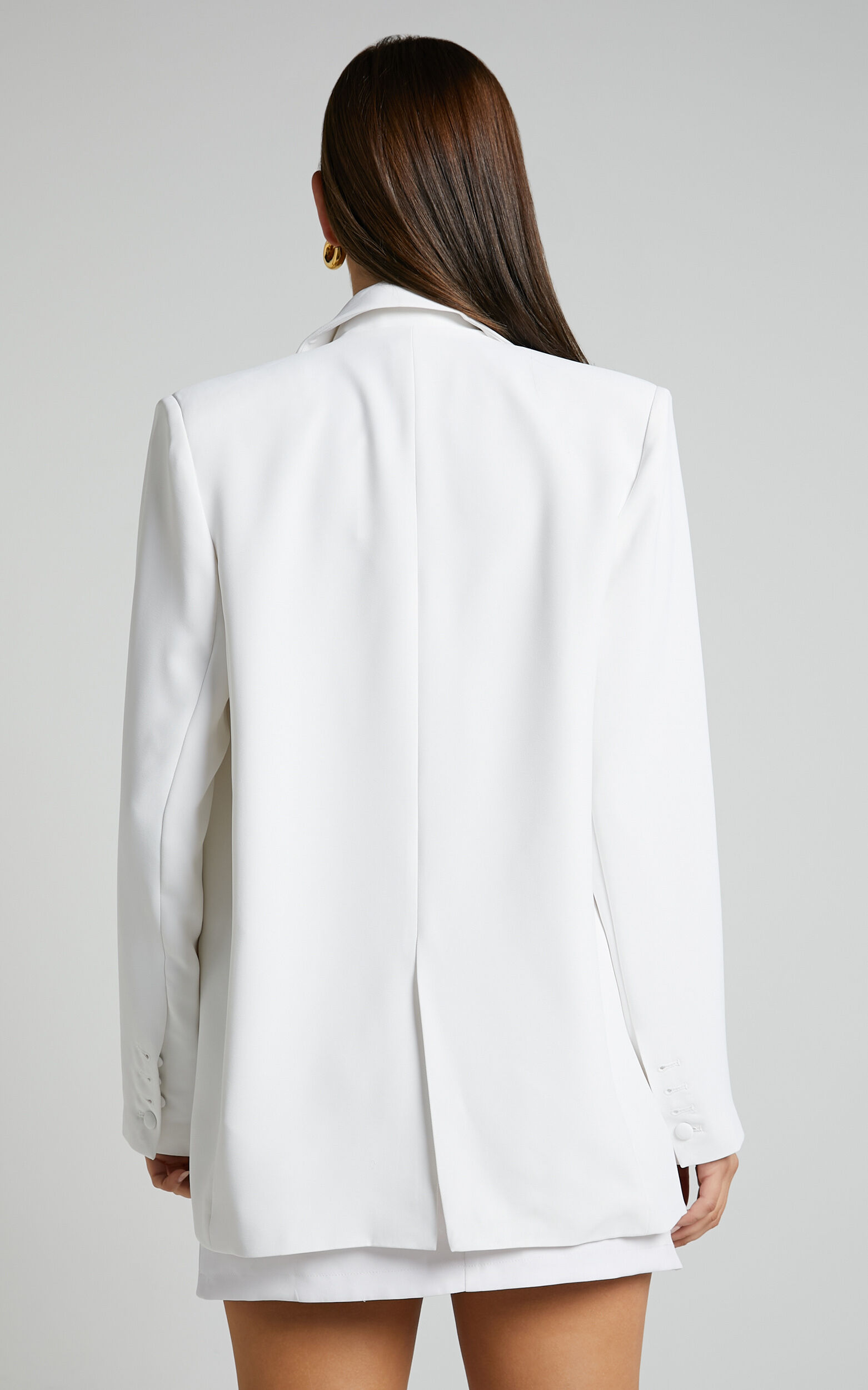Michelle Blazer - Oversized Plunge Neck Button Up Blazer in White