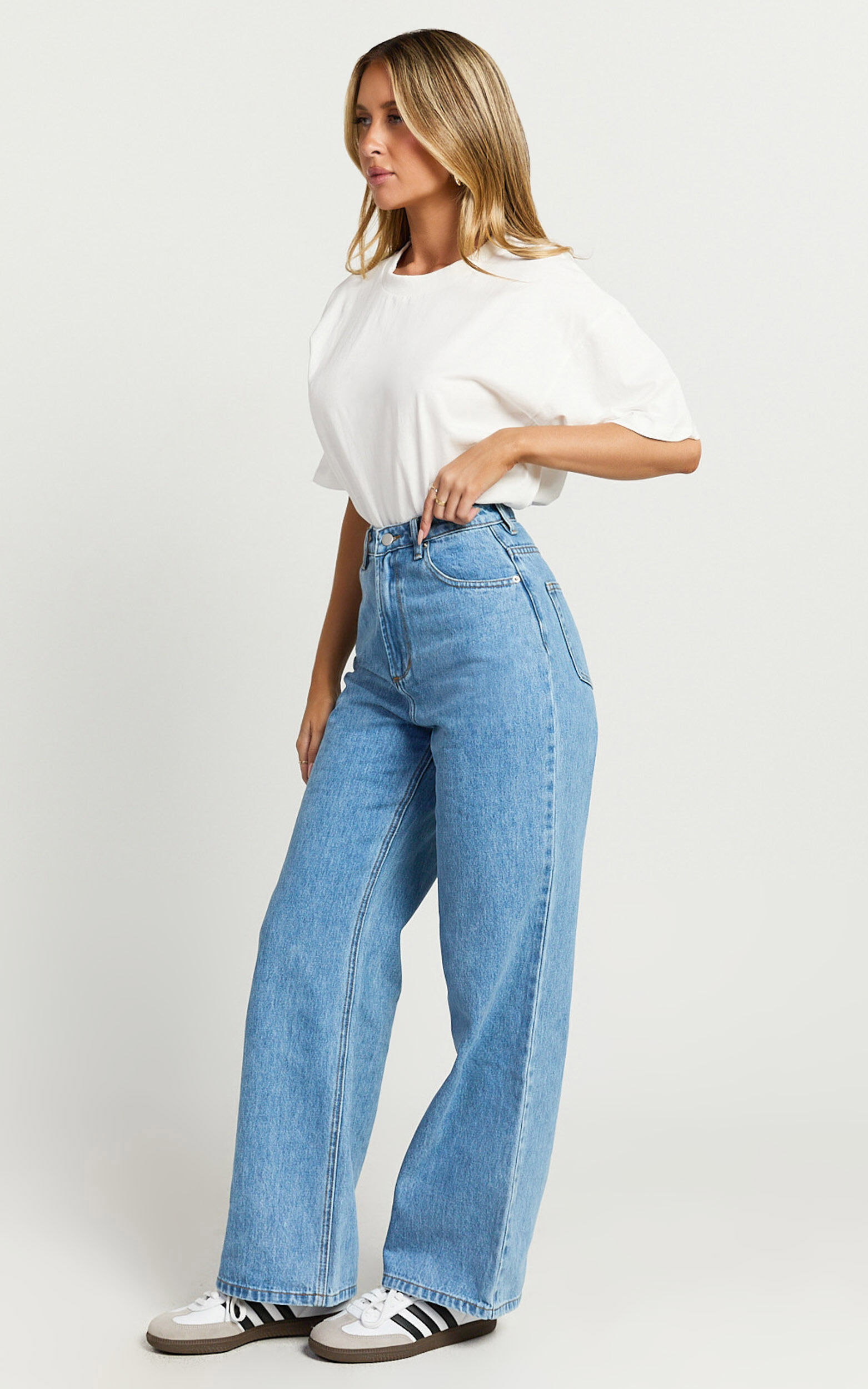 Cole Jeans - High Waist Relaxed Wide Leg Recycled Denim Jeans in Mid Blue Wash