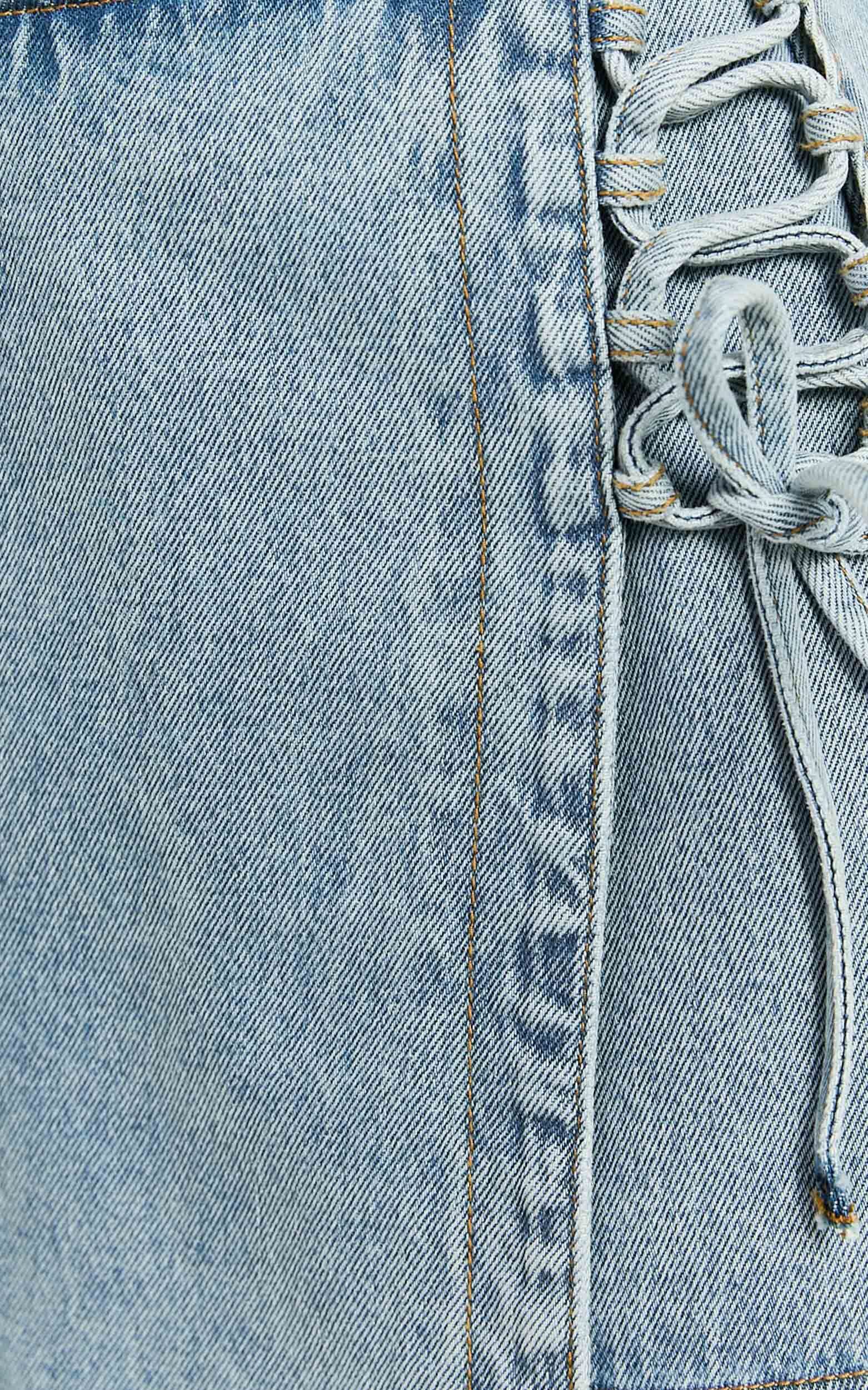 Ronnie Skort - Mid Waist Lace Up Denim Skort in Light Blue Wash