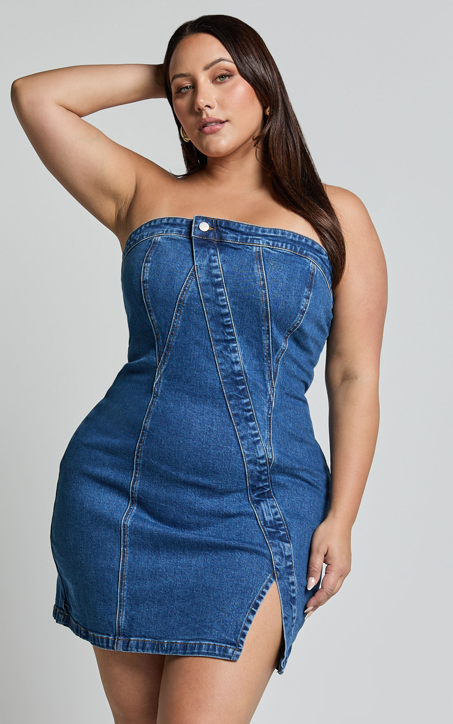 Erline Mini Dress - Asymmetric Strapless Denim Dress in Dark Blue Wash