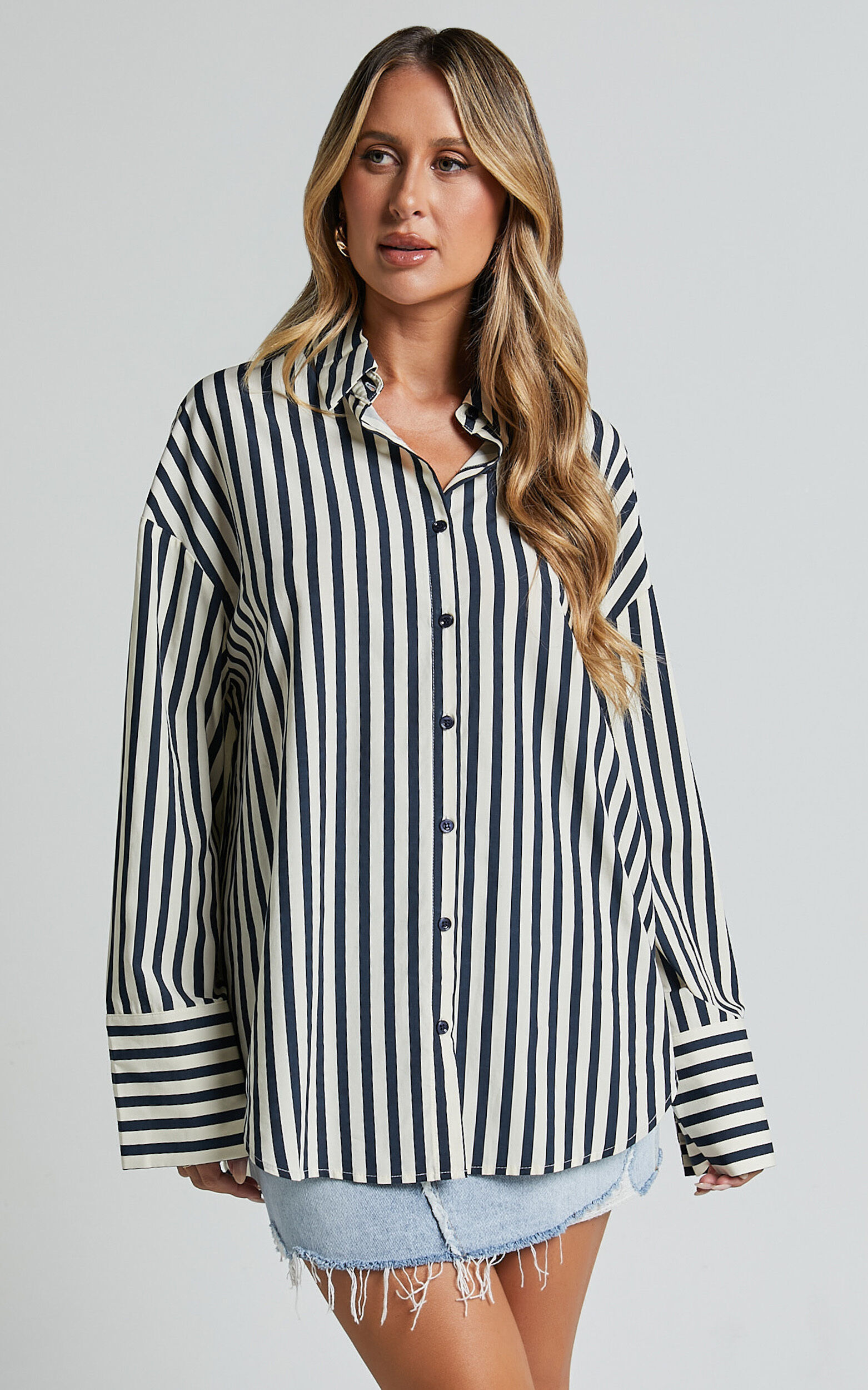 Anderson Top - Collared Long Sleeve Shirt in Navy Stripe