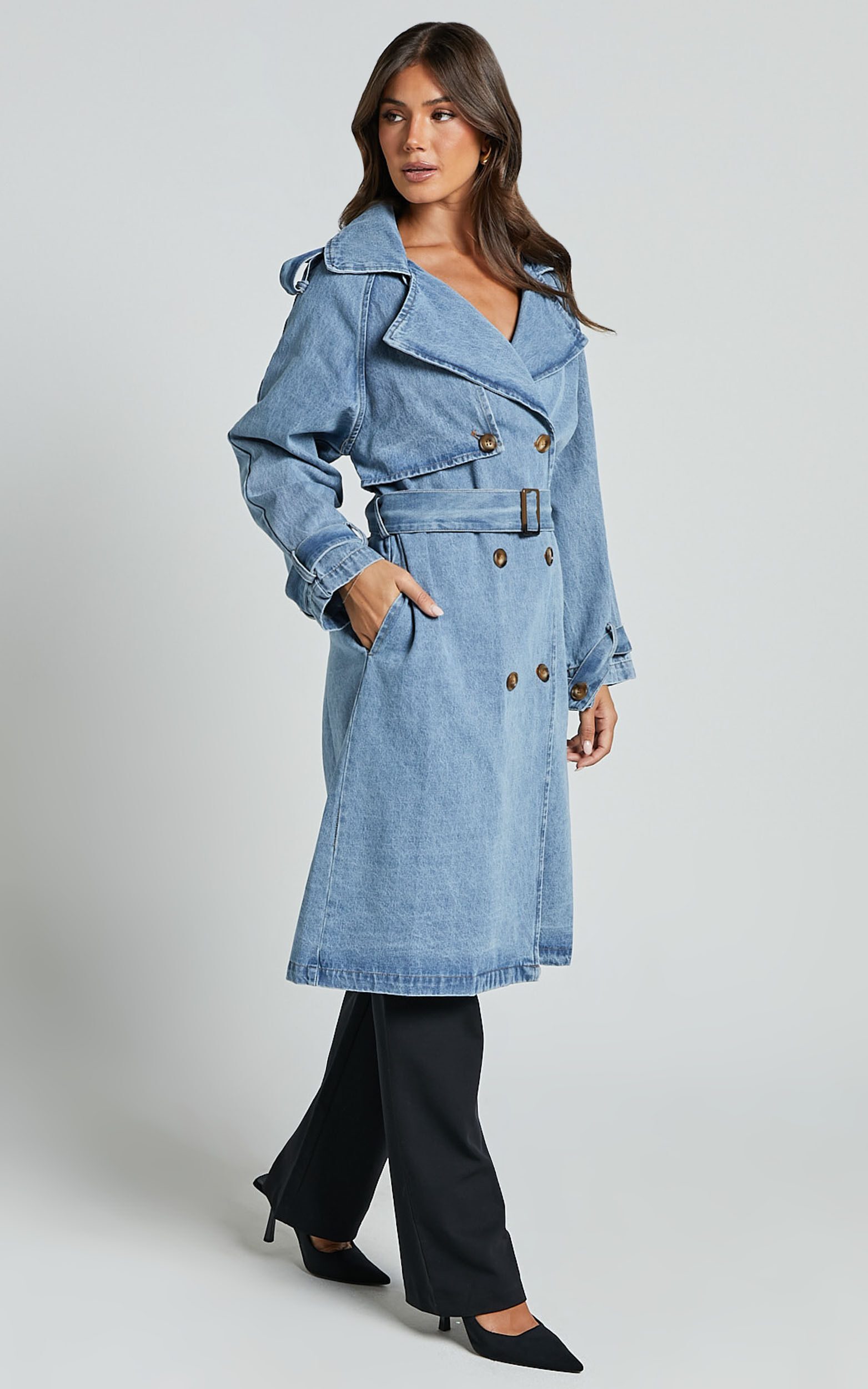 Vinnie Trench Coat - Denim Washed Trench Coat in Mid Blue