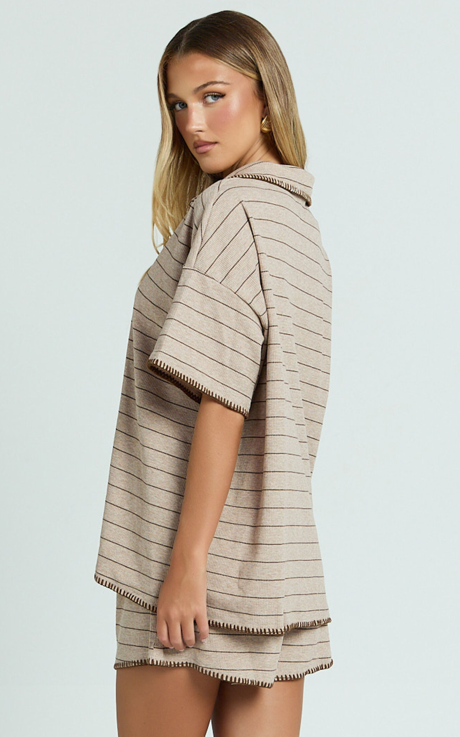 Laura Two Piece Set - Stripe Waffle Knit Shirt & Short Set in Brown/Cream Stripe