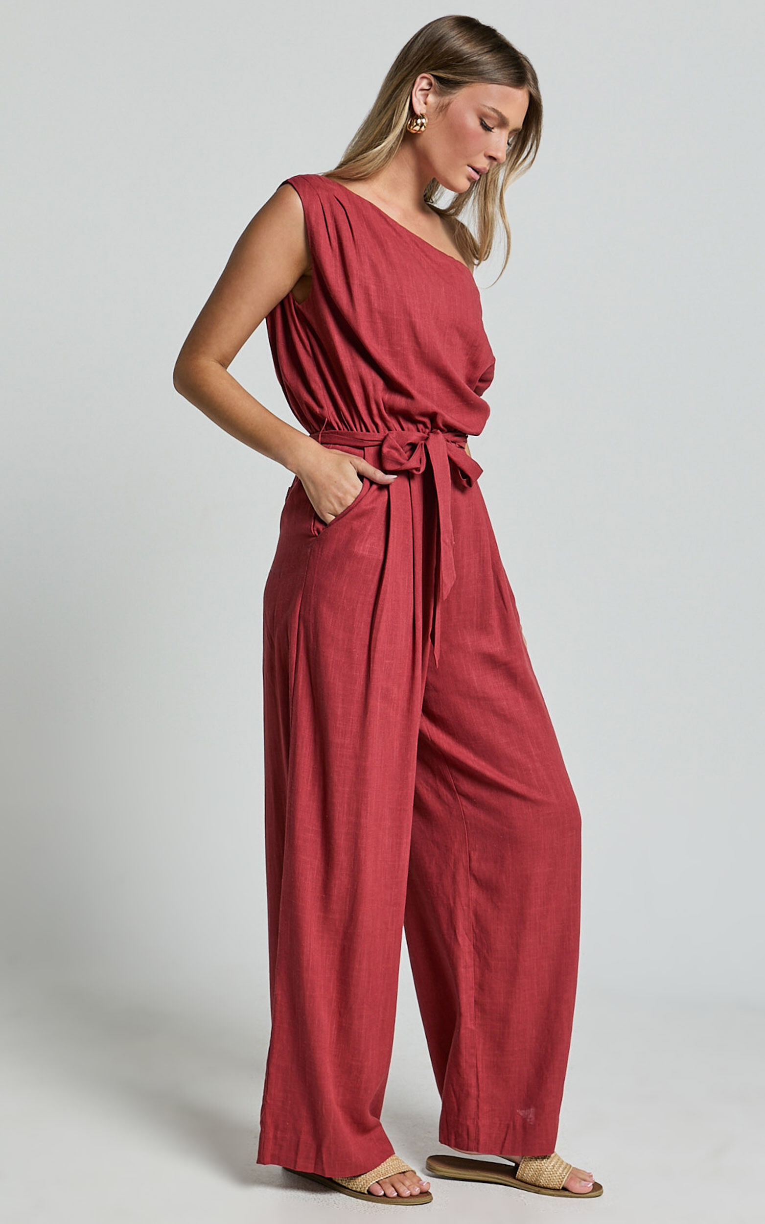Adria Jumpsuit - Asymmetrical Short Sleeve Linen Jumpsuit in Clay