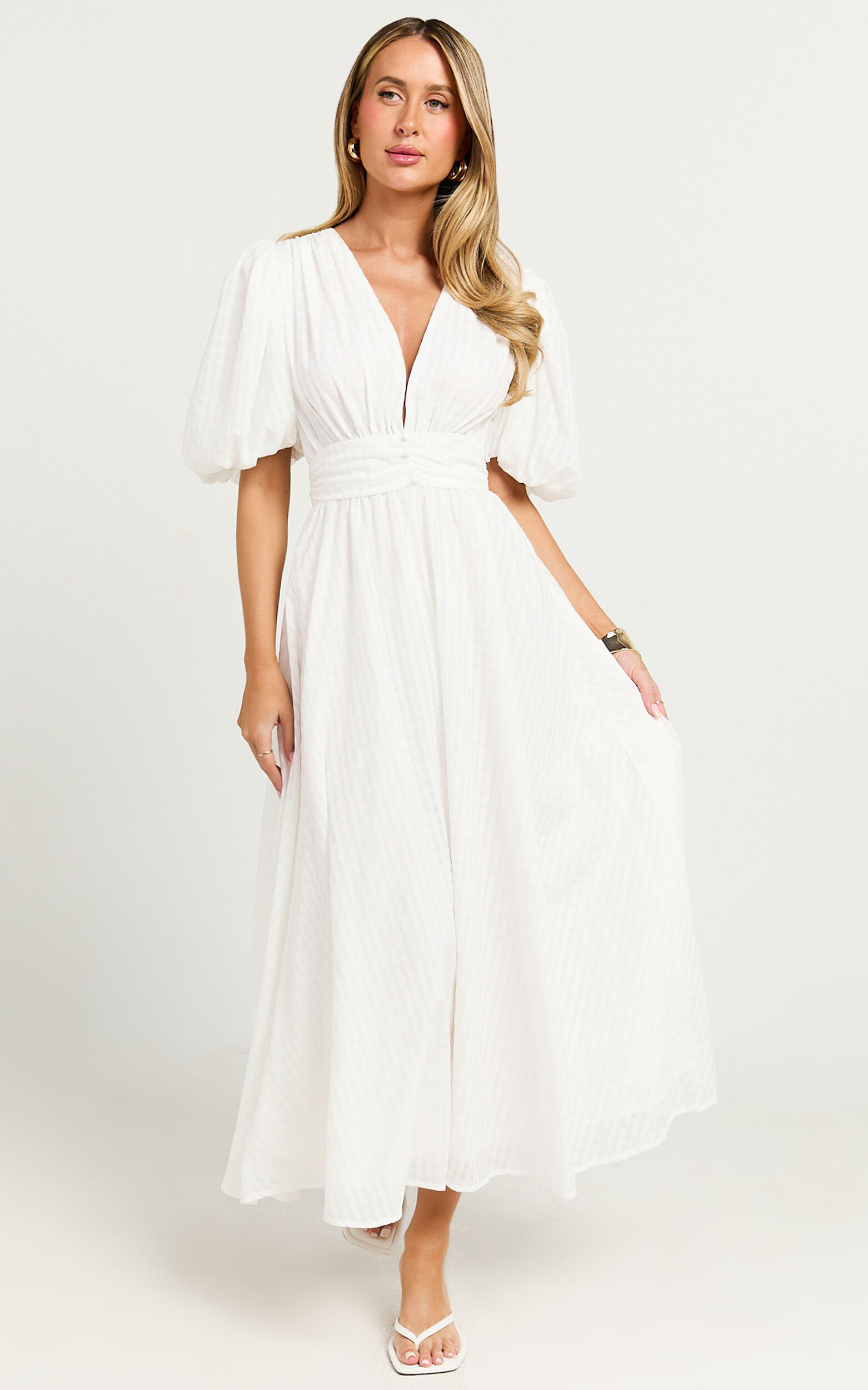 Xandy Midi Dress - Textured Puff Sleeve Plunge Dress in White