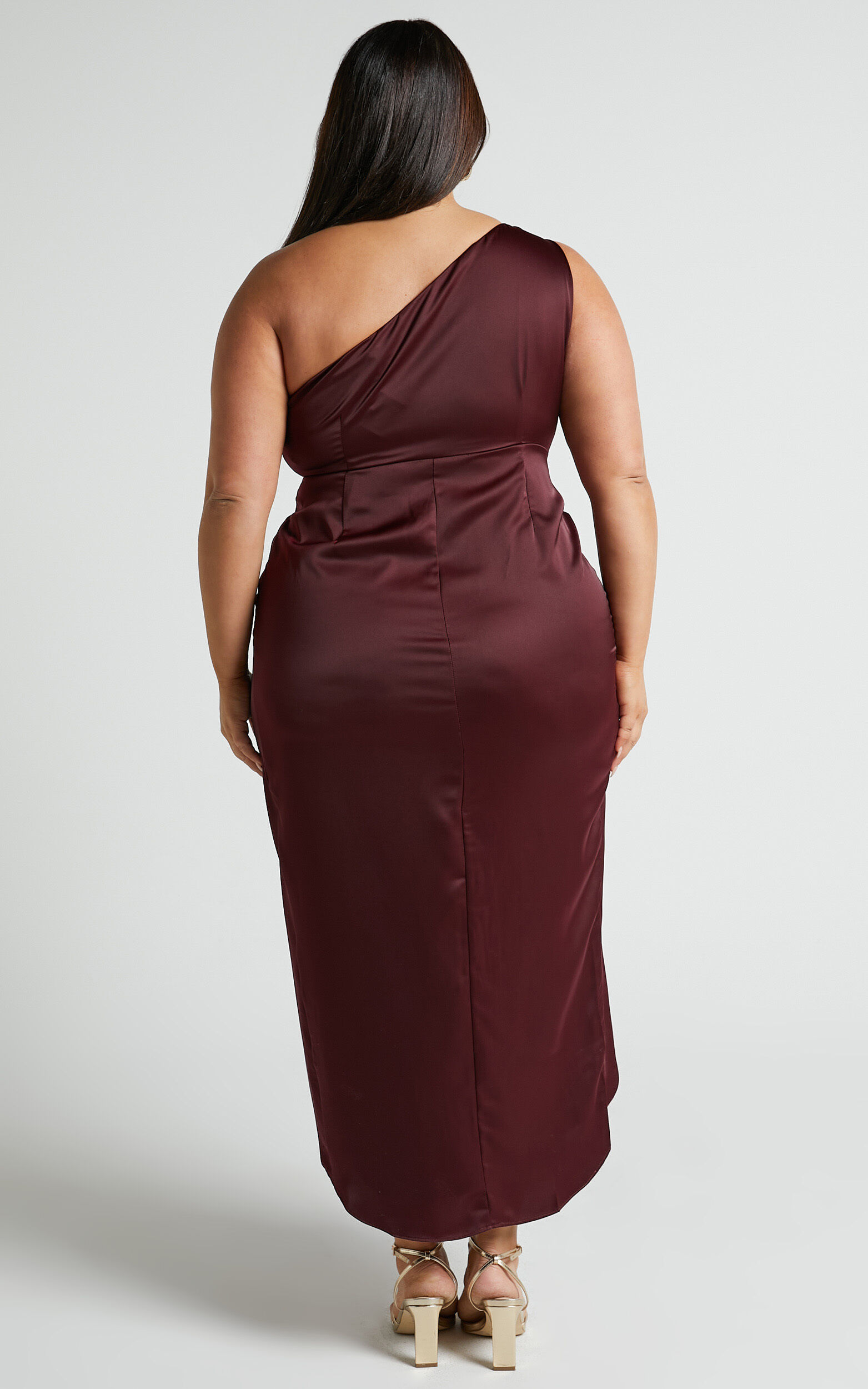Felt So Happy Midi Dress - One Shoulder Drape Dress in Wine