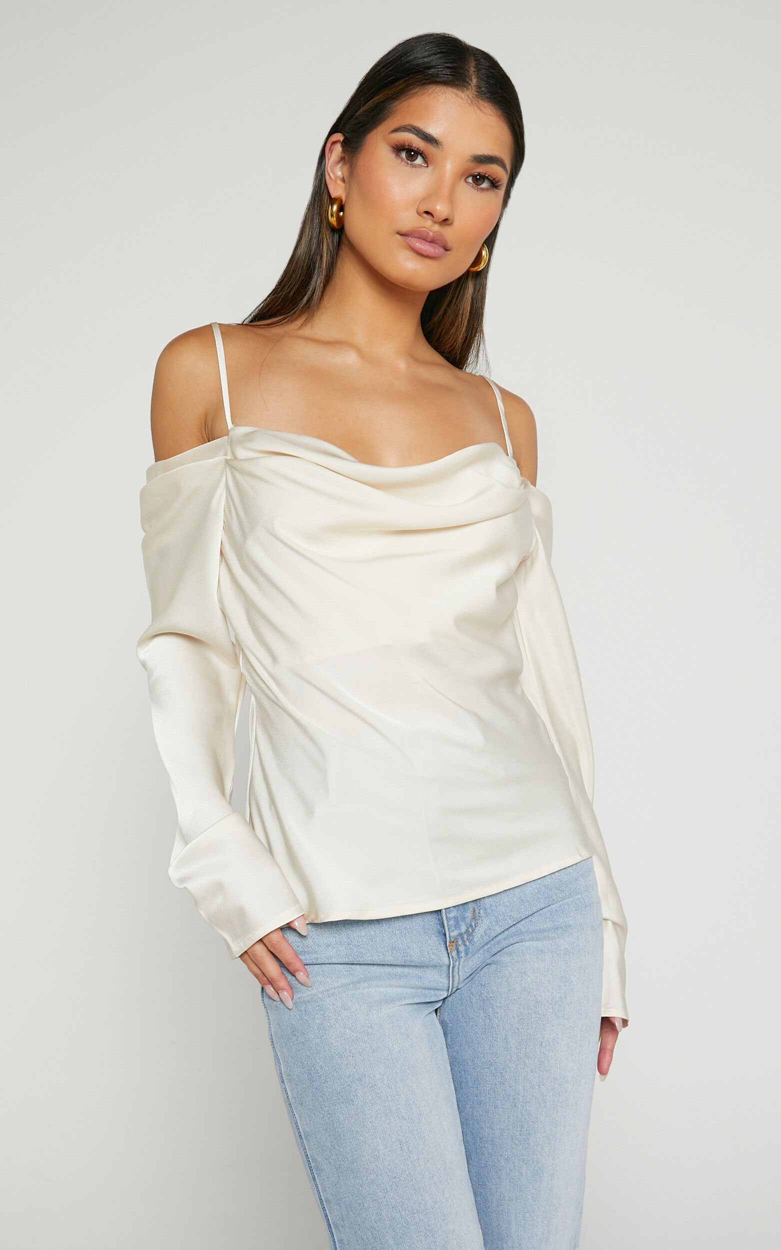 Julian Top - Off Shoulder Long Sleeve Cowl Neck Top in Ivory