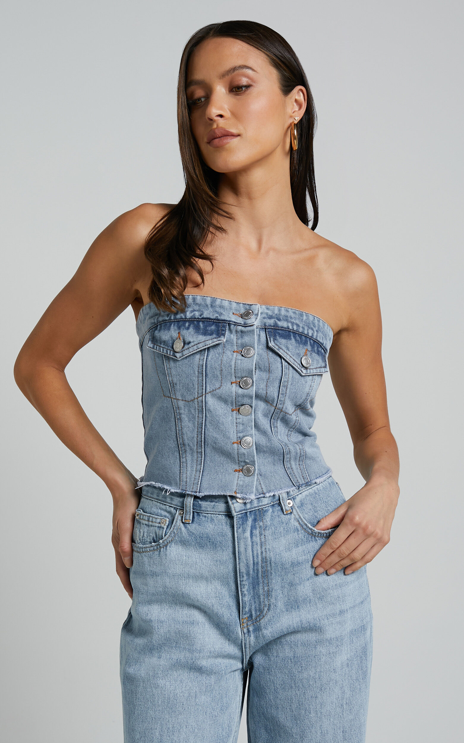 Aubrielle Bustier - Denim Bustier with Pocket Details in Indigo Wash