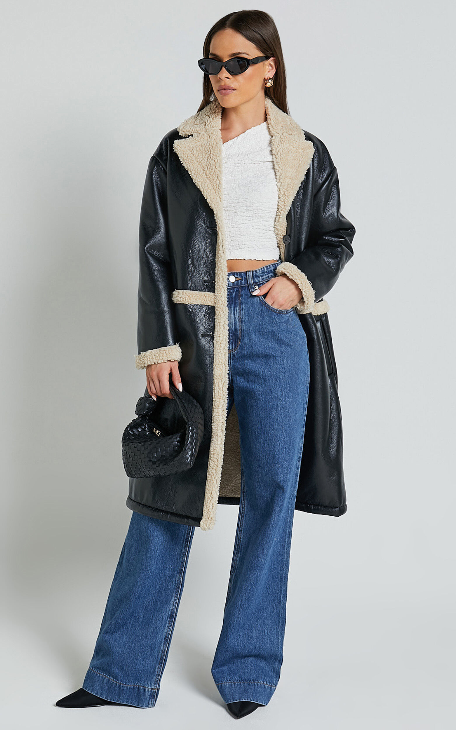 Jan Coat - Longline Faux Shearling Aviator Coat in Black