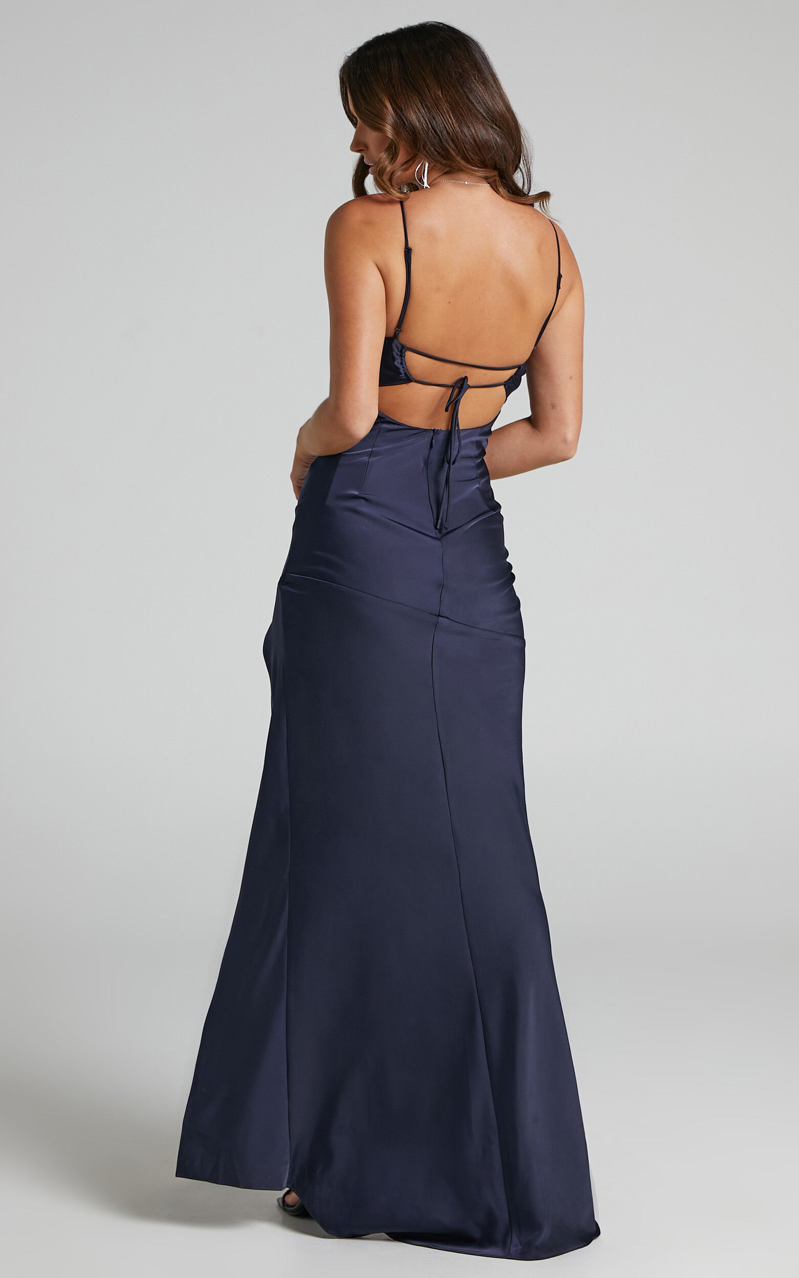 Ardent Maxi Dress - Cowl Neck Tie Back Satin Dress in Navy