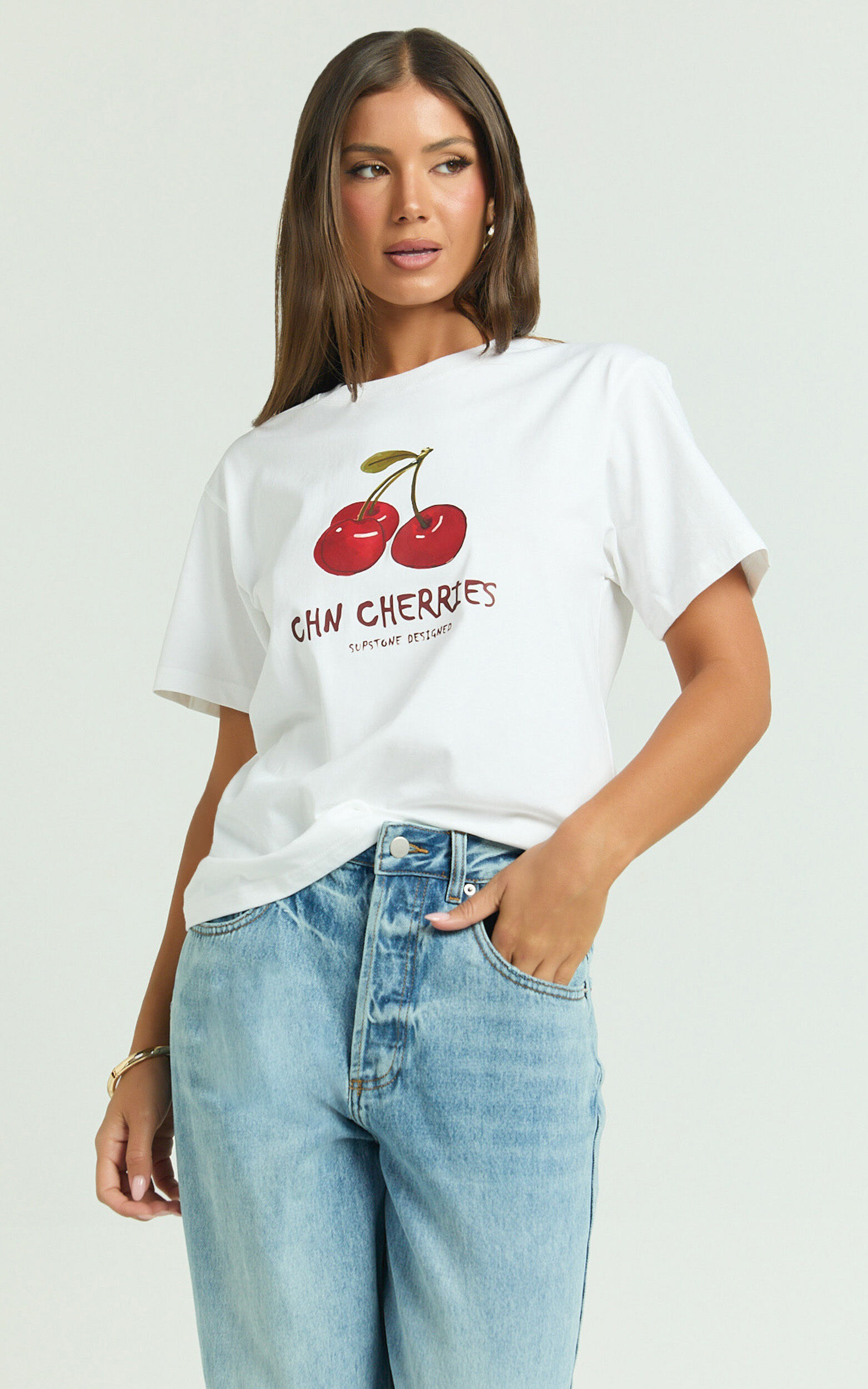 Dolce Top - Oversized Cherry  Print Tee in White