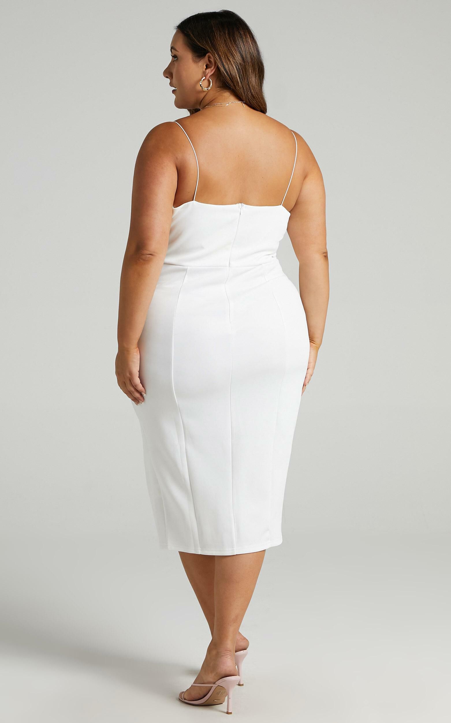 Big Ideas Midi Dress - V Neck Thigh Split Dress in White