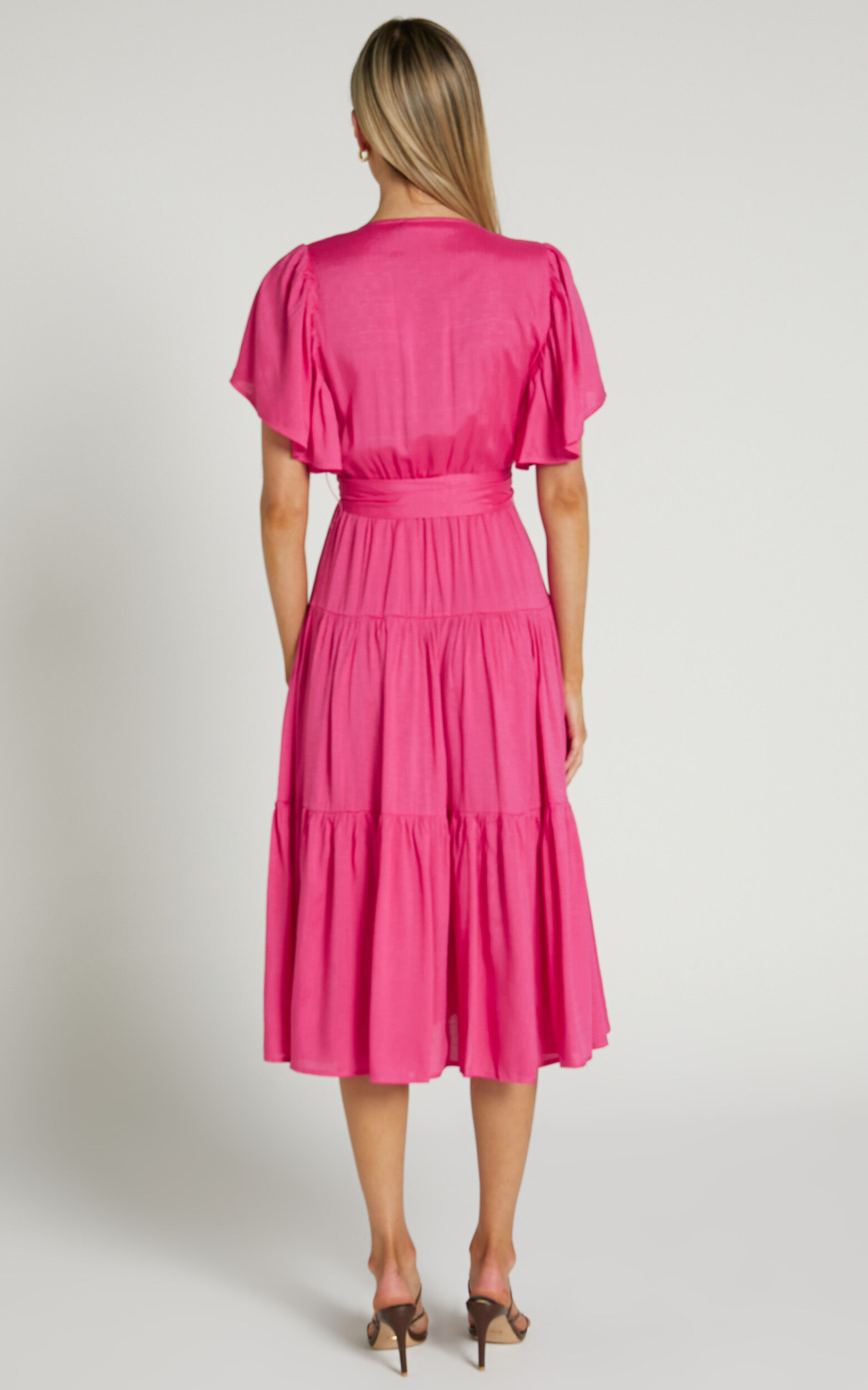 Marielle Midi Dress - Wrap Bodice Tiered Belted Dress in Pink