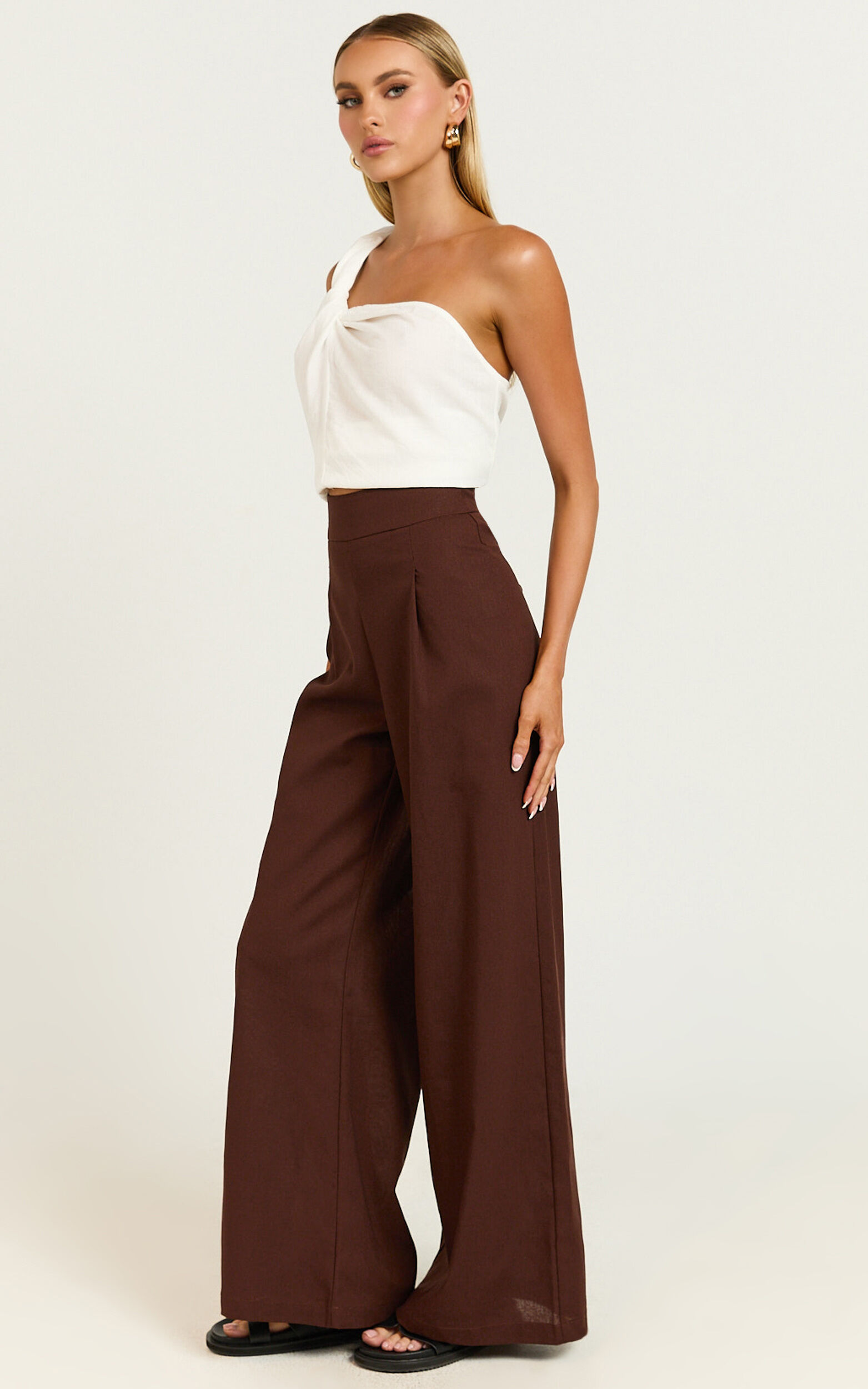 Alina Pants - Linen High Waisted Wide Leg Relaxed Pants in Chocolate