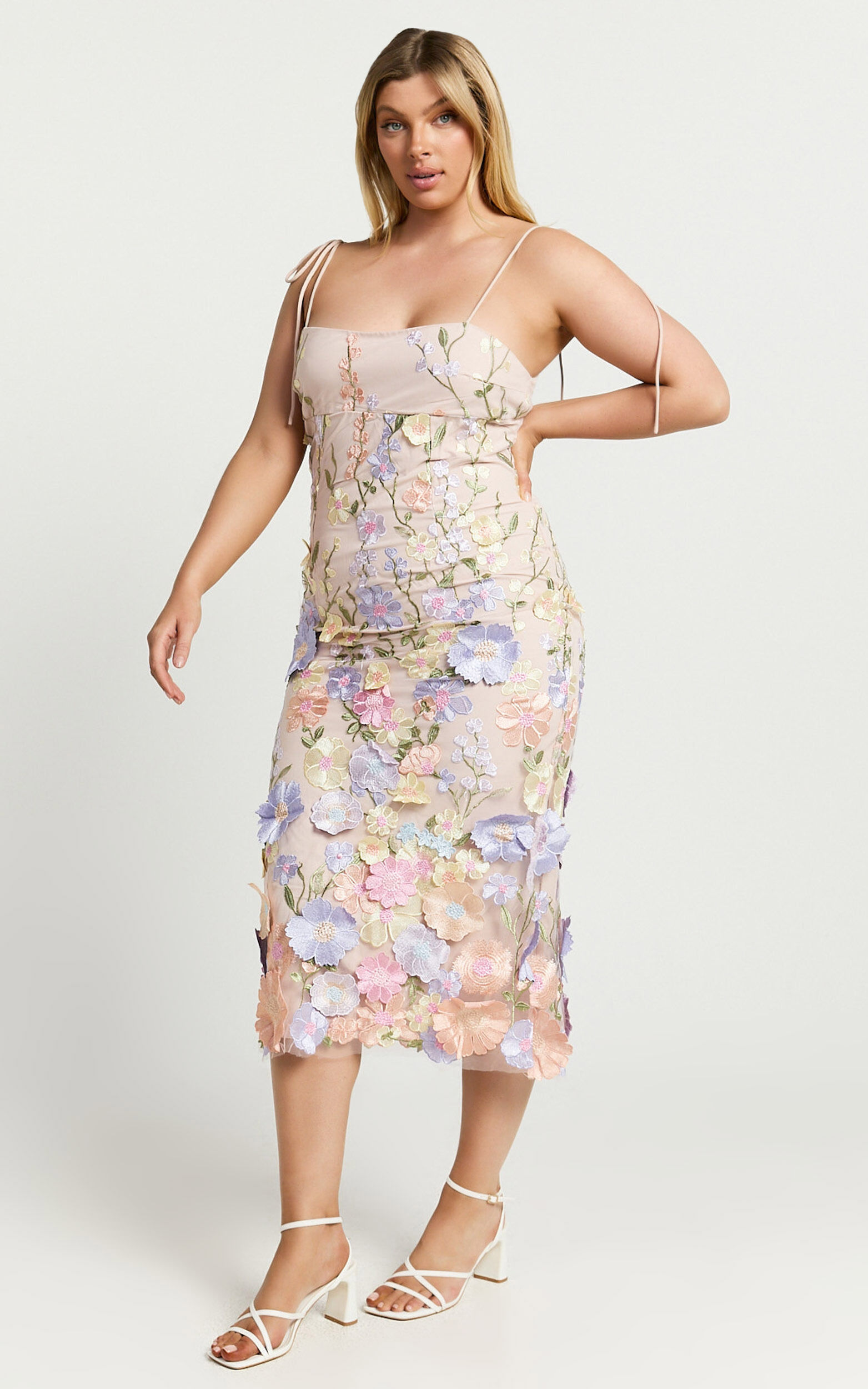 Jamich Midi Dress - Straight Neck Tie Strap Pencil Dress in Soft Pink