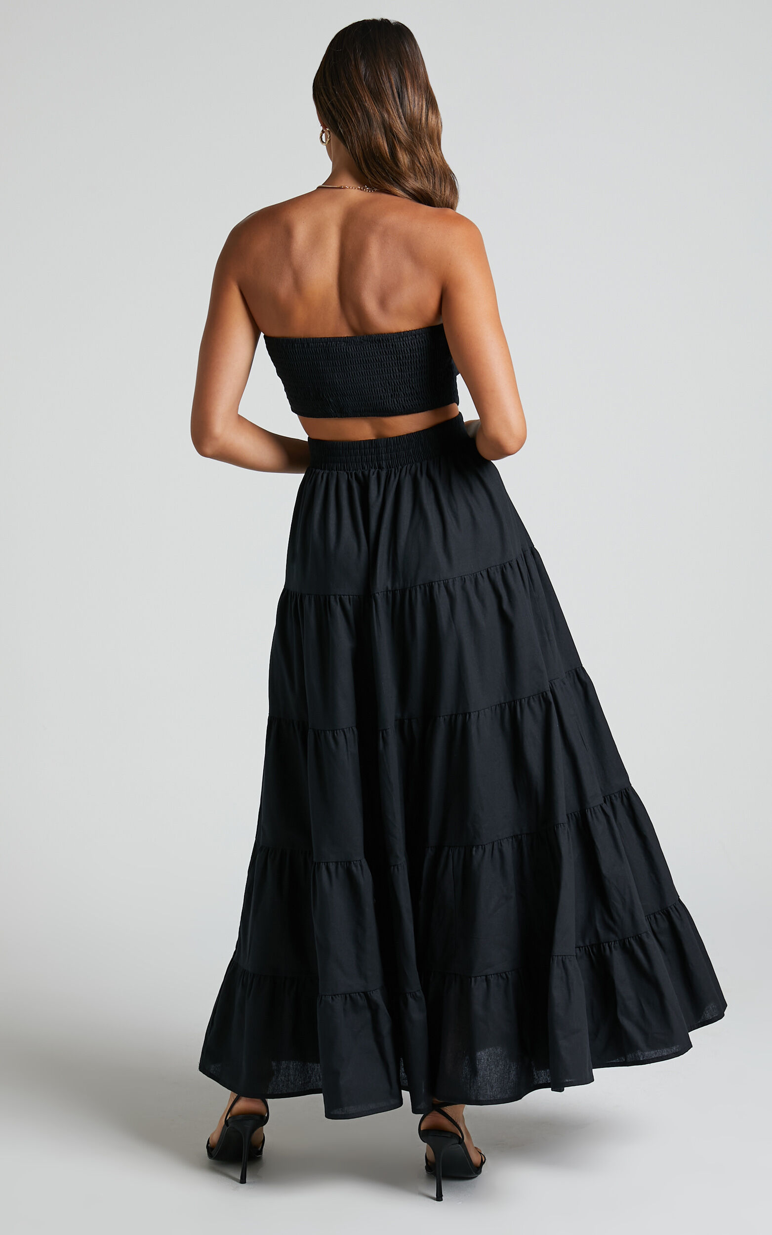 Xiomara Maxi Dress - Strapless Cut Out Tiered Dress in Black