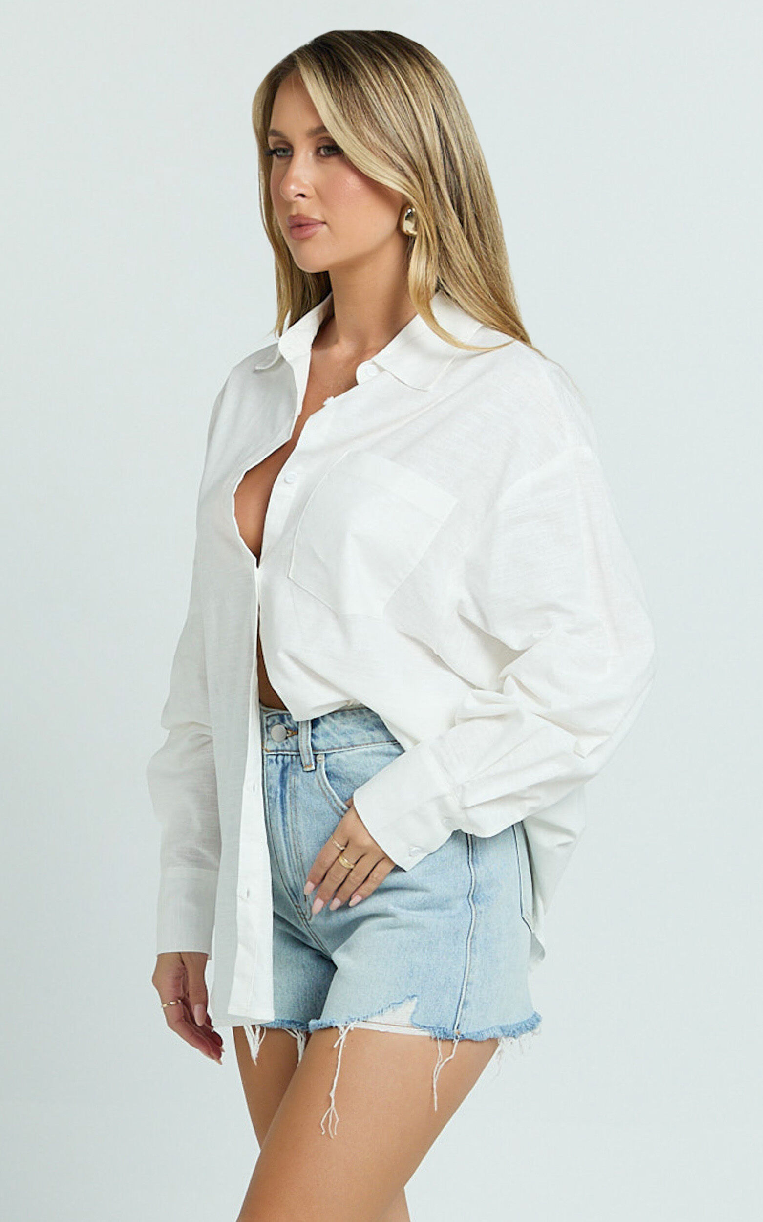Anziel Top - Oversized Long Sleeve Linen Blend Shirt in White