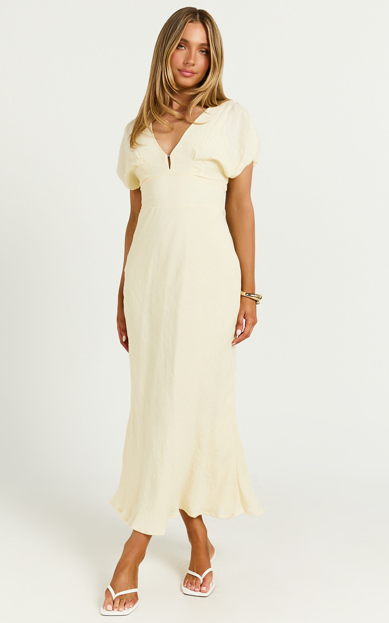 Desiree Midi Dress - V Neck Flutter Short Sleeve Slip Dress in Lemon