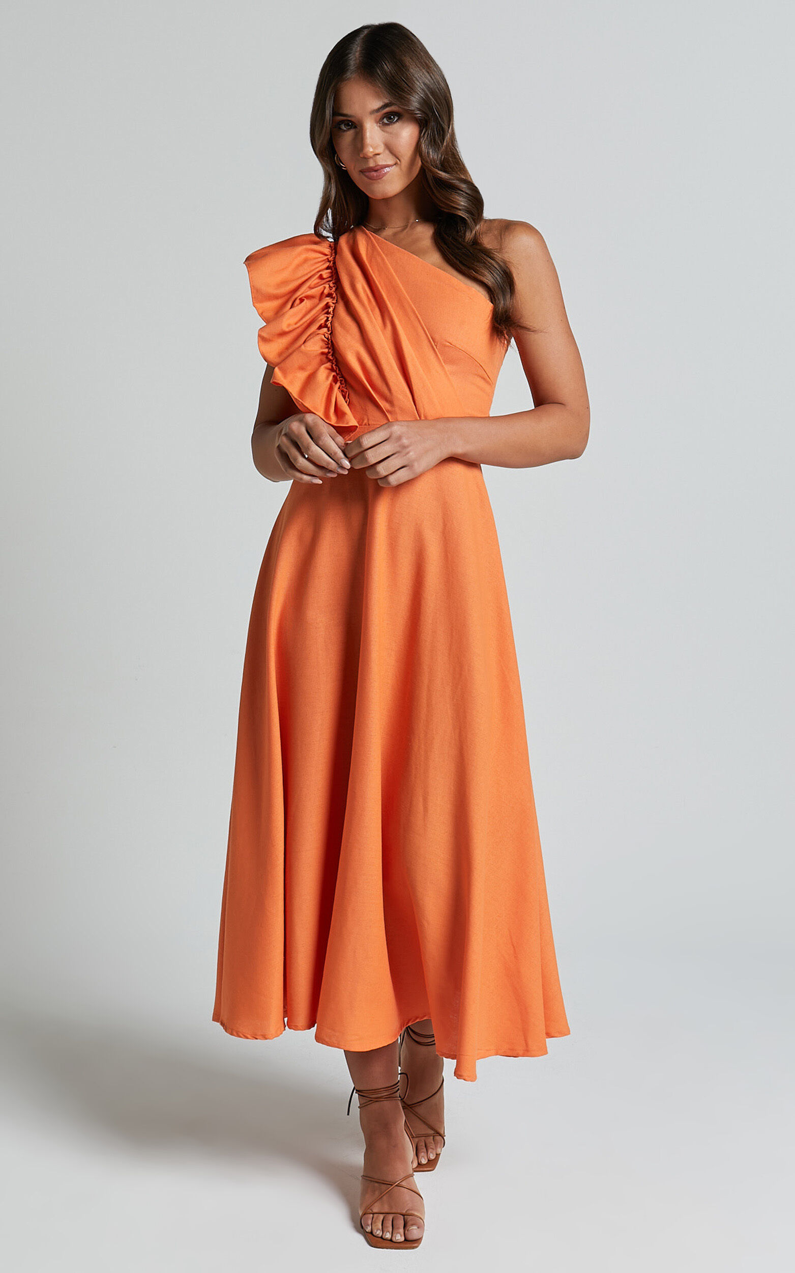 Dixie Midi Dress - Linen Look One Shoulder Ruffle Dress in Orange