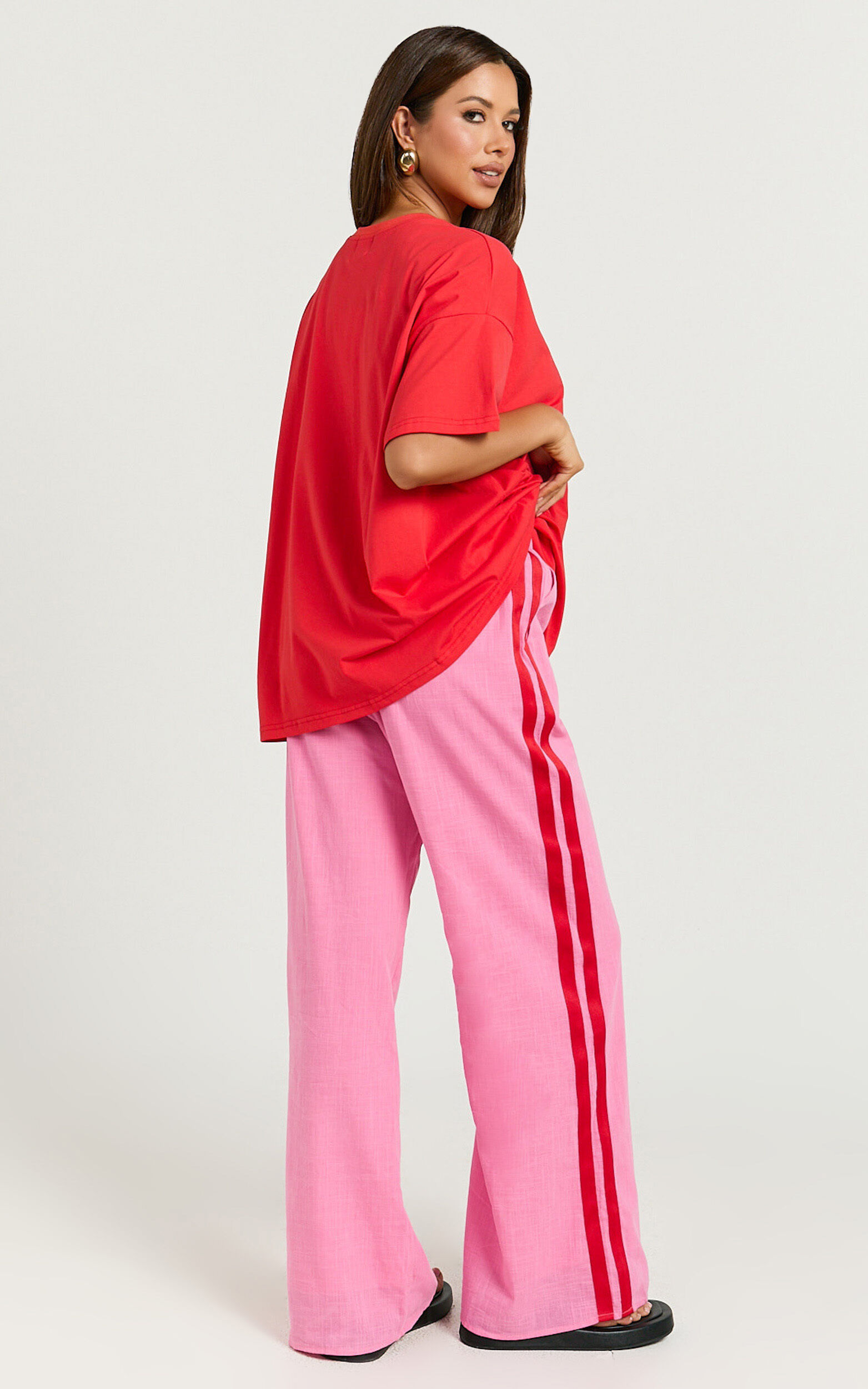 Editha Two Piece Set - Chilli Margs Oversized Tee and Stripe Pant Set in Red/Pink