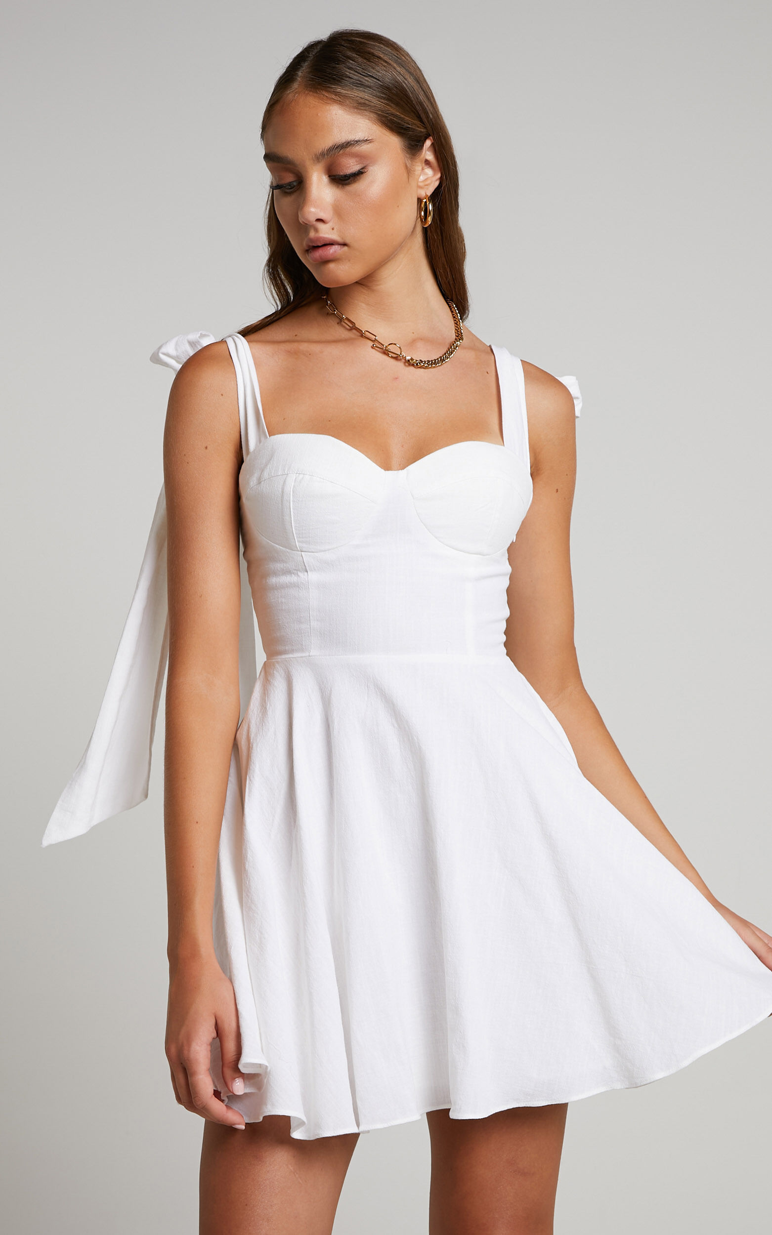Girley Mini Dress - Bow Strap Dress in White