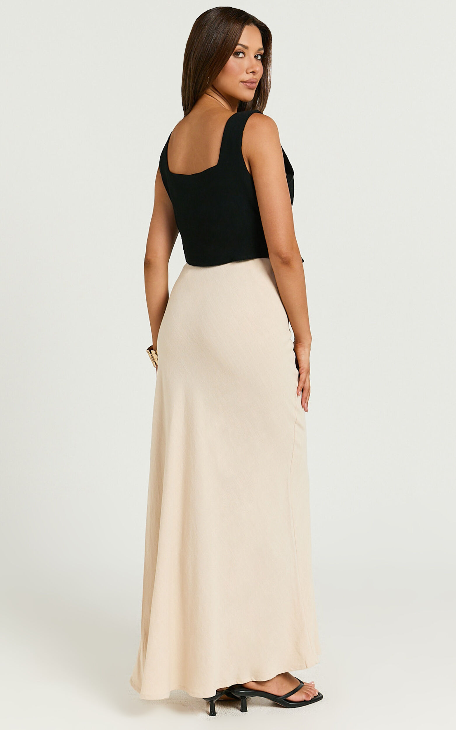 Olivia Midi Skirt - Mid Waisted Linen Bias Cut Split Skirt in Natural
