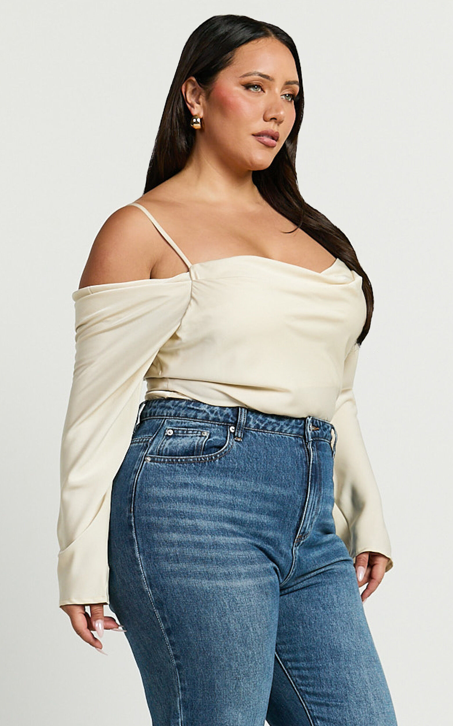 Julian Top - Off Shoulder Long Sleeve Cowl Neck Top in Ivory