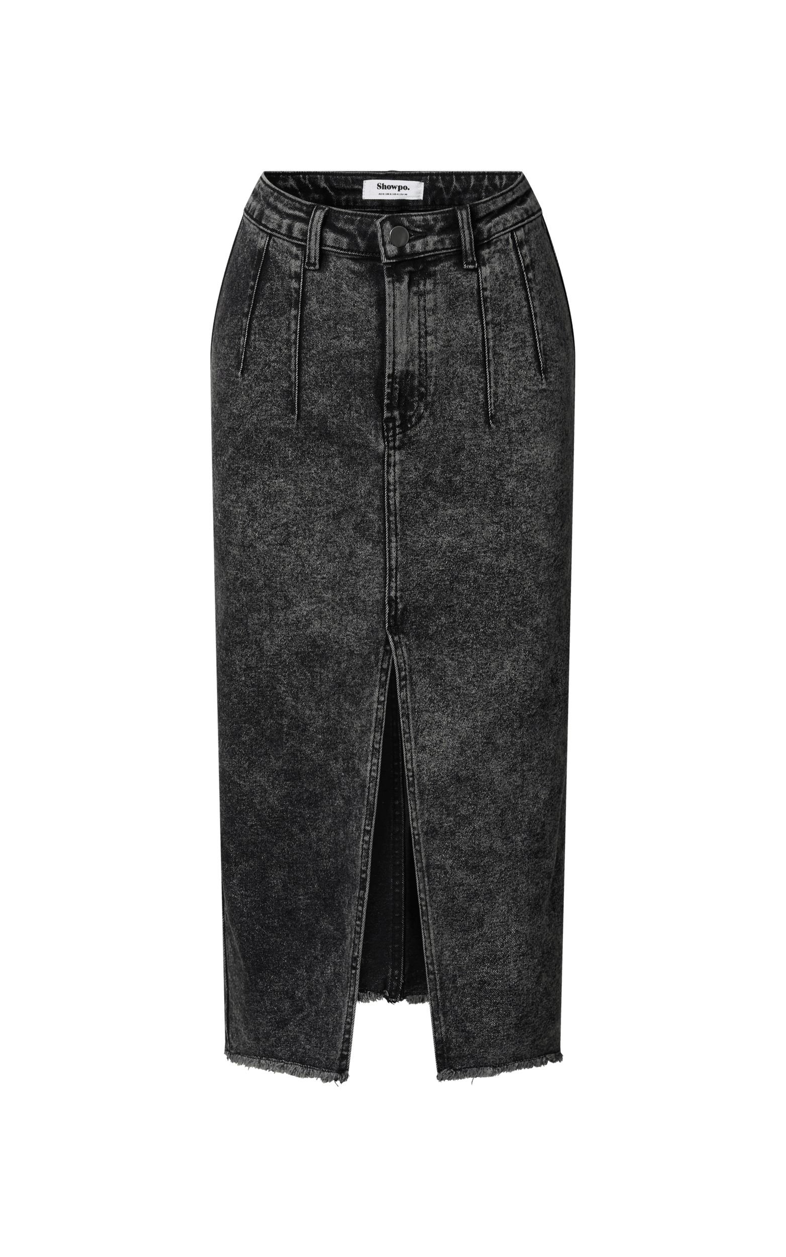Janeve Midi Skirt - Front Split Denim Skirt in Black Acid Wash