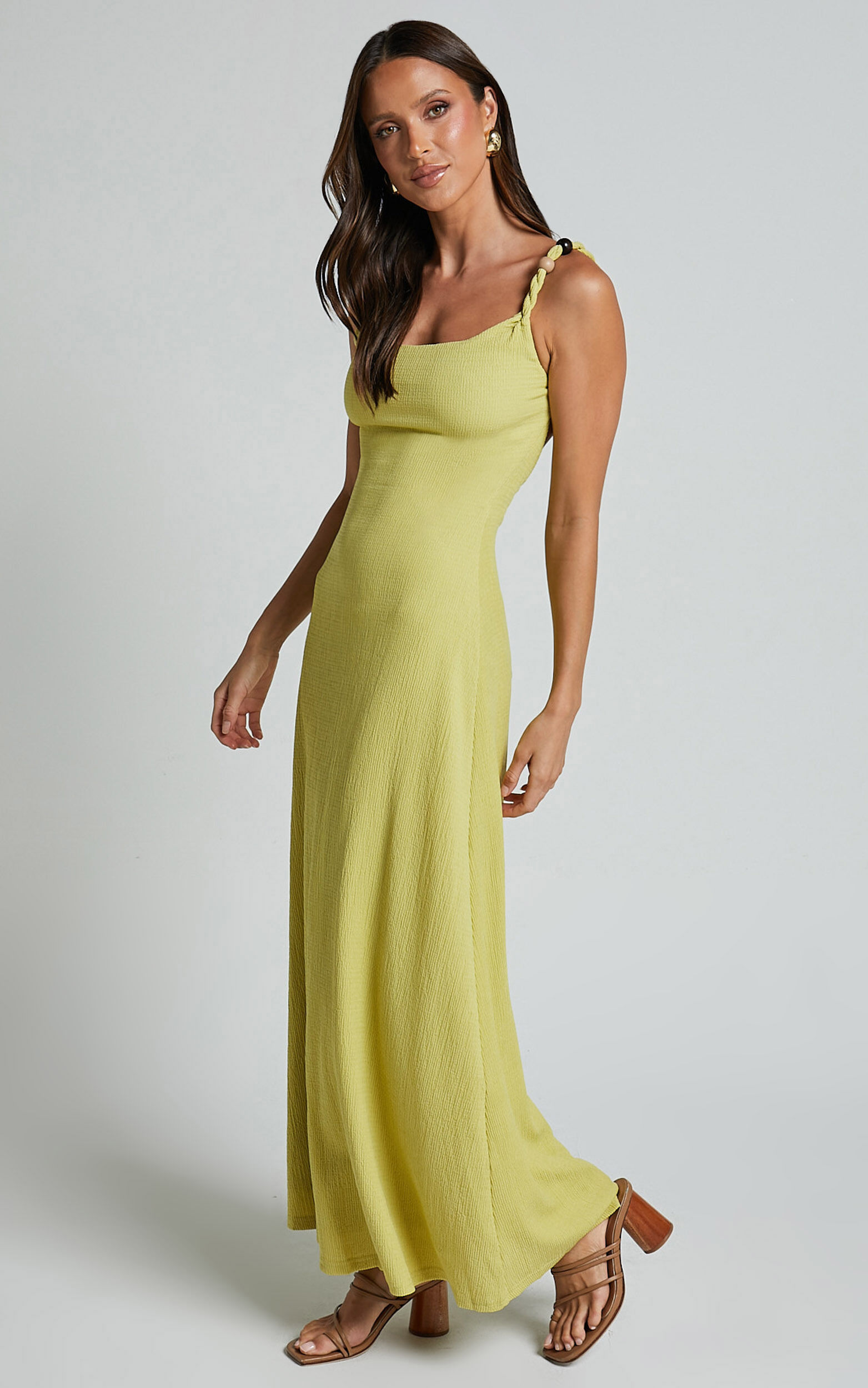 Brie Midi Dress - Scoop Neck Knit Slip Dress in Chartreuse
