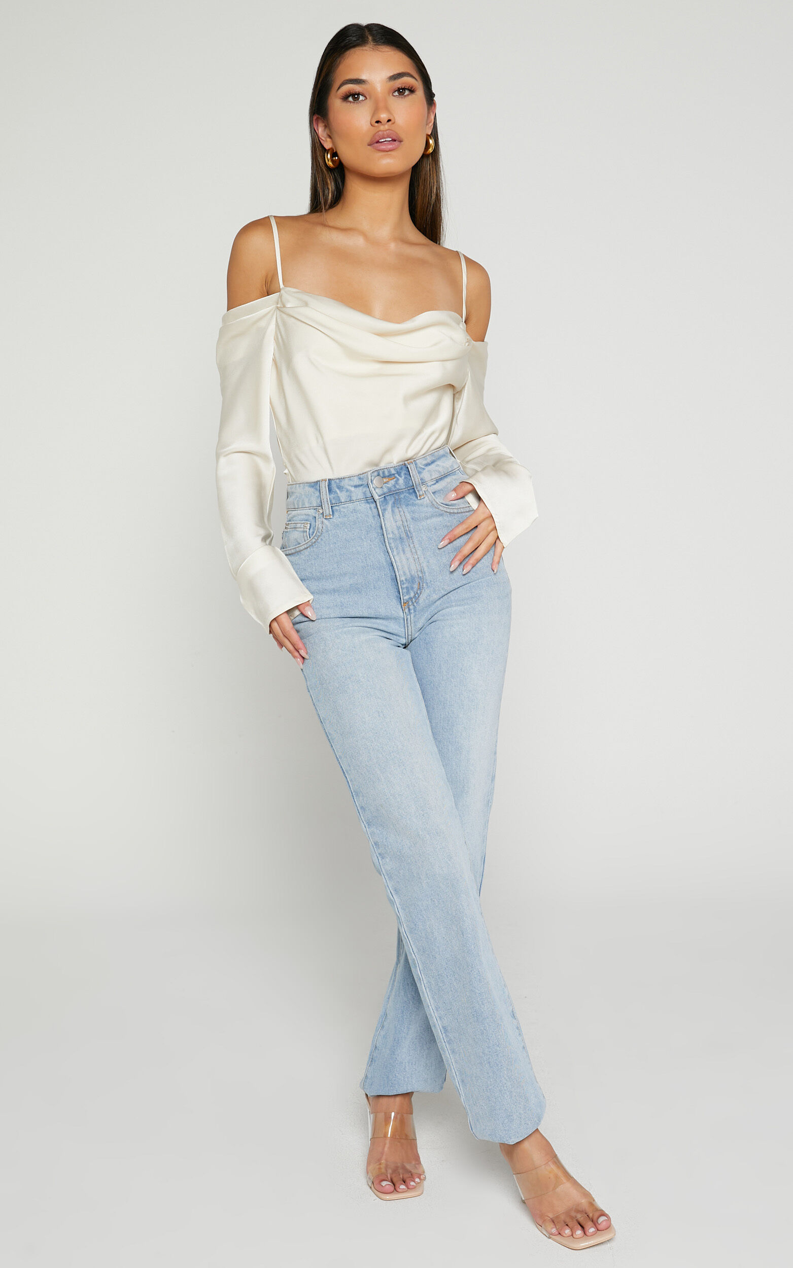 Julian Top - Off Shoulder Long Sleeve Cowl Neck Top in Ivory