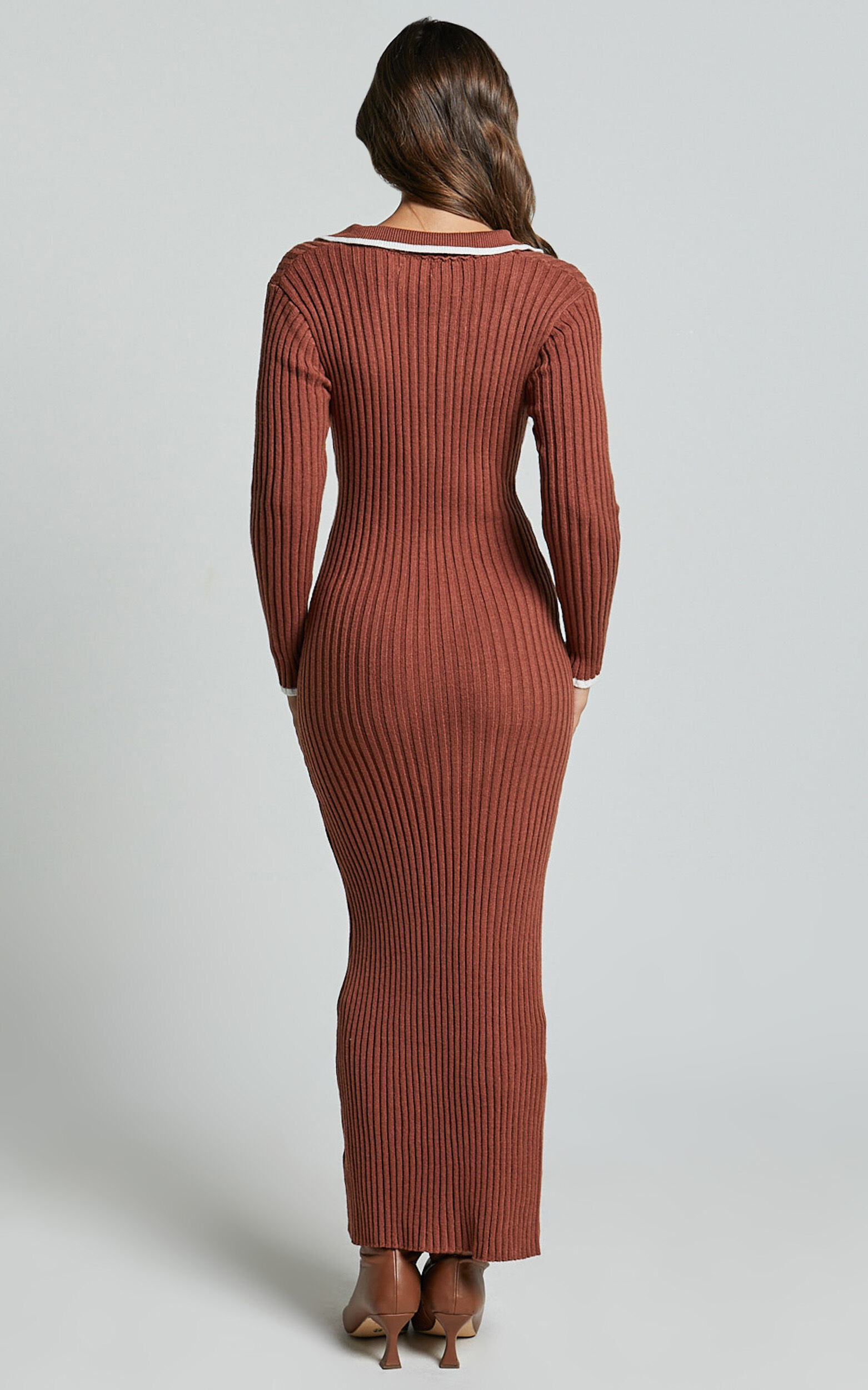 Becky Midi Dress - Button Front Contrast Knit Midi Dress in Chocolate