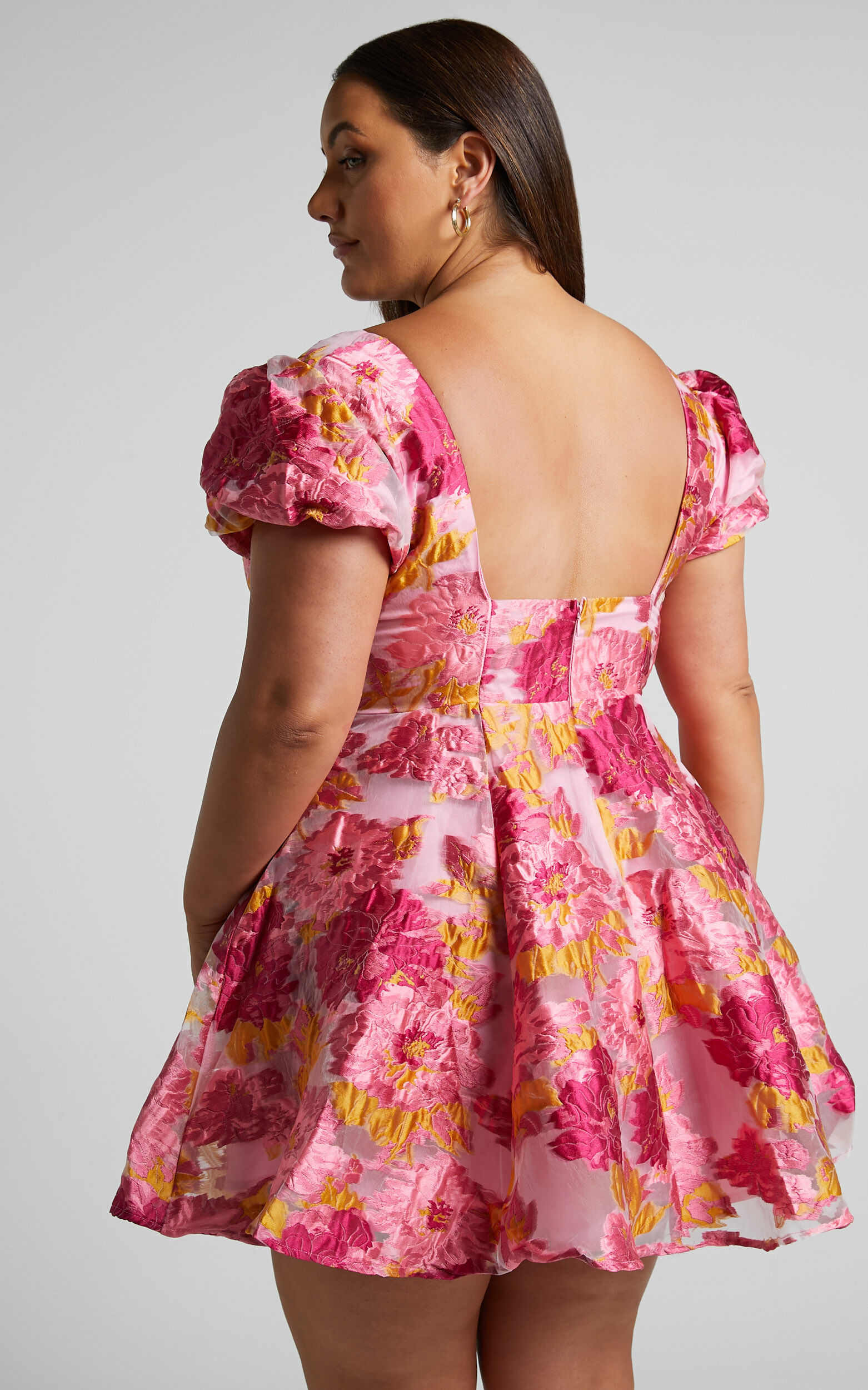 Brailey Jacquard Mini Dress - Puff Sleeve Dress in Pink