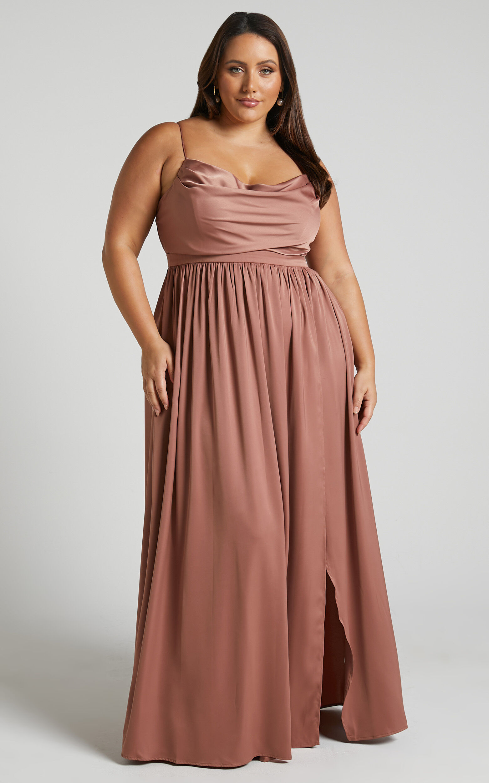 Gemalyn Maxi Dress - Cowl Neck Thigh Split Dress in Dusty Rose