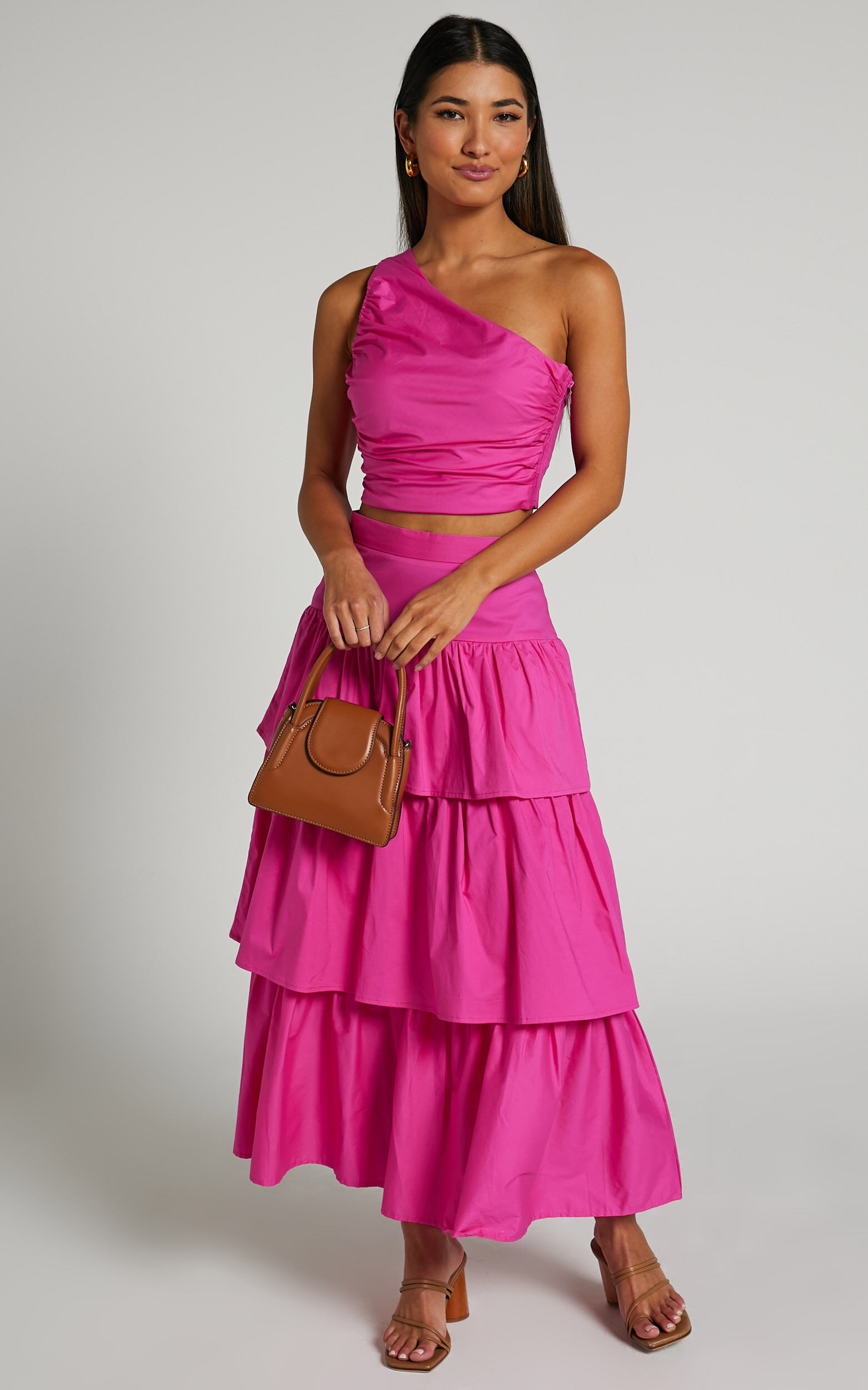 Kaycie Two Piece Set - One Shoulder Asymmetrical Ruched Top and Tiered Midi Skirt Set in Pink