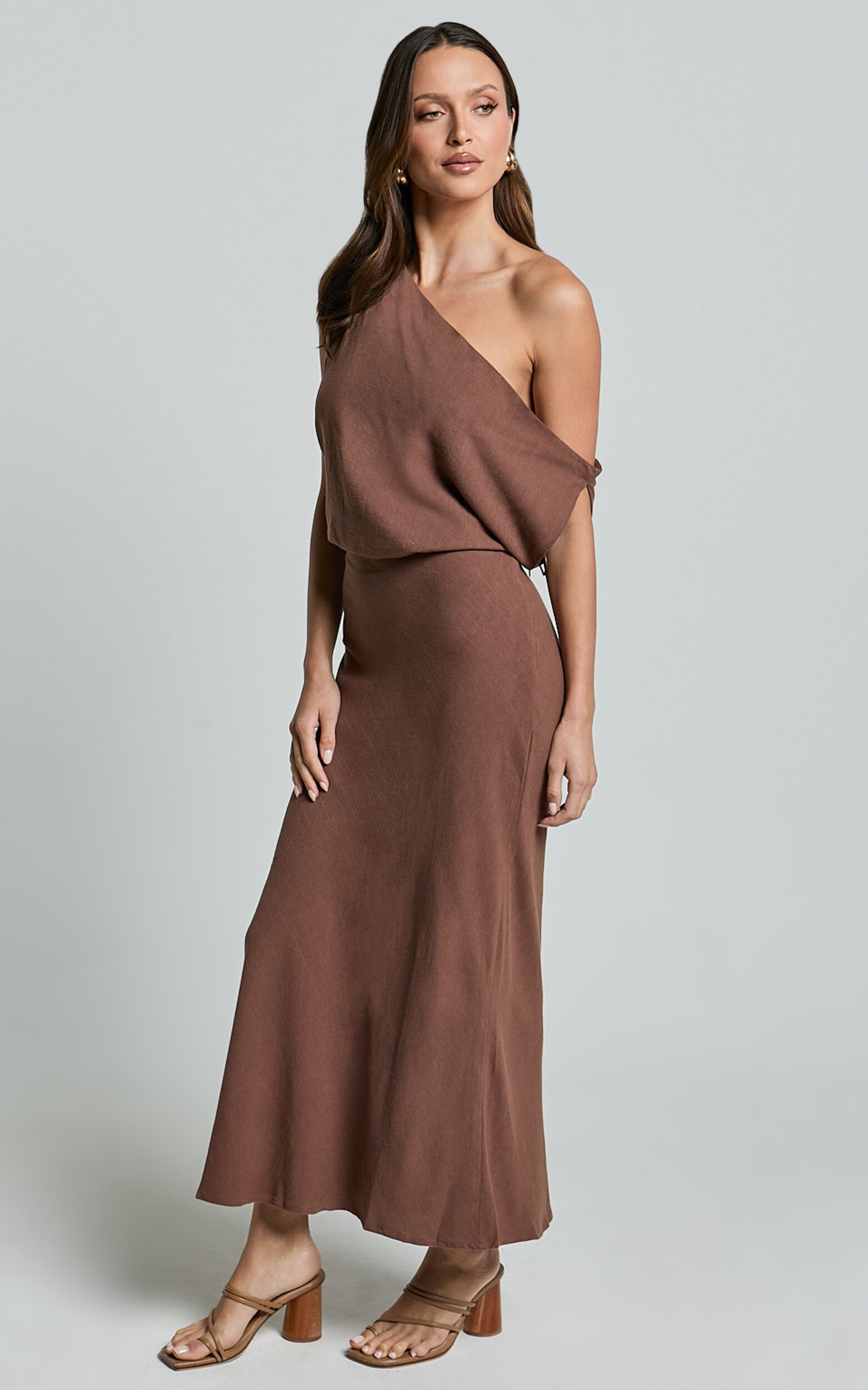 Jacqueline Midi Dress - Linen One Shoulder Dress in Chocolate